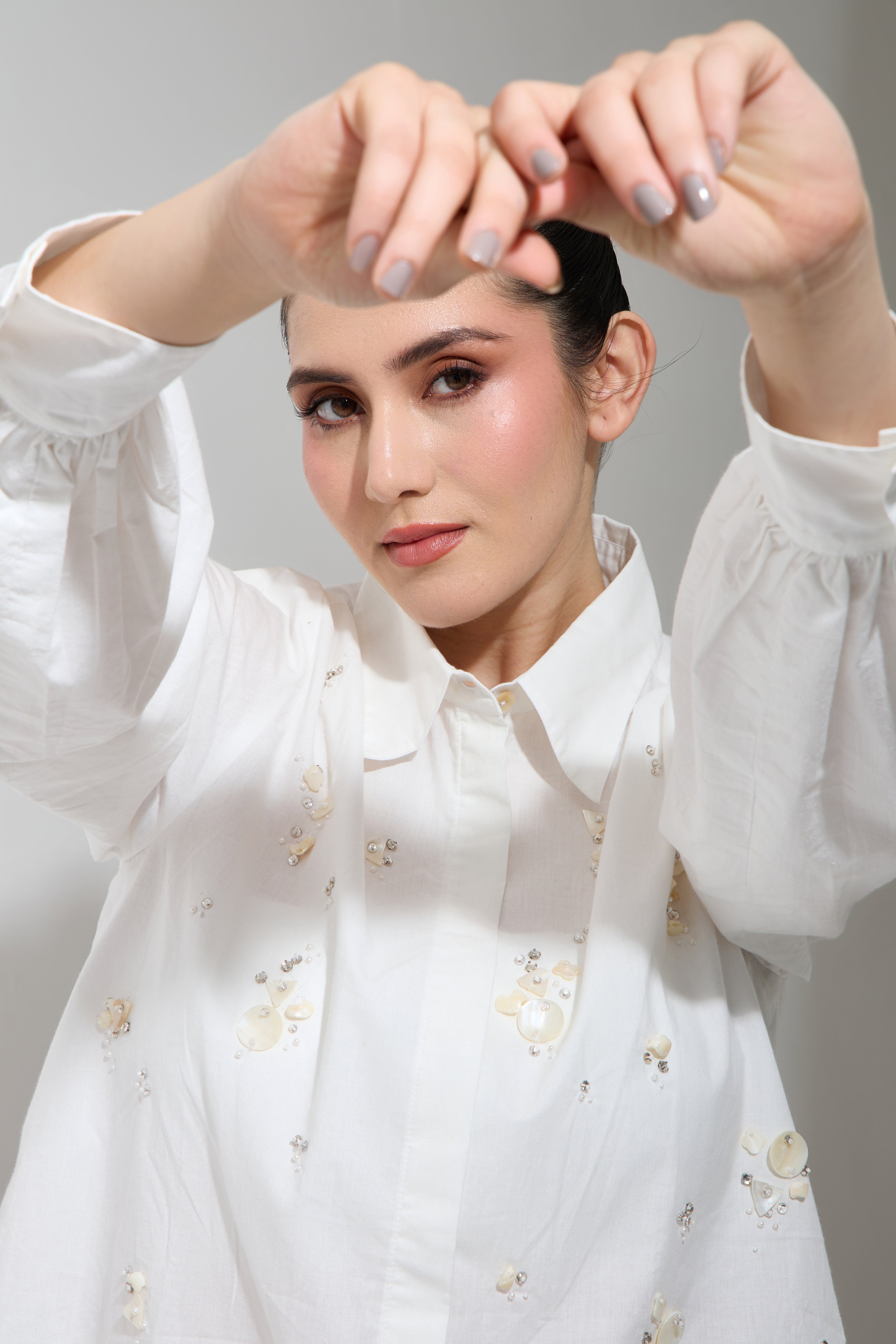 OYSTER embroidered cotton shirt — side view | Haus of Handmade