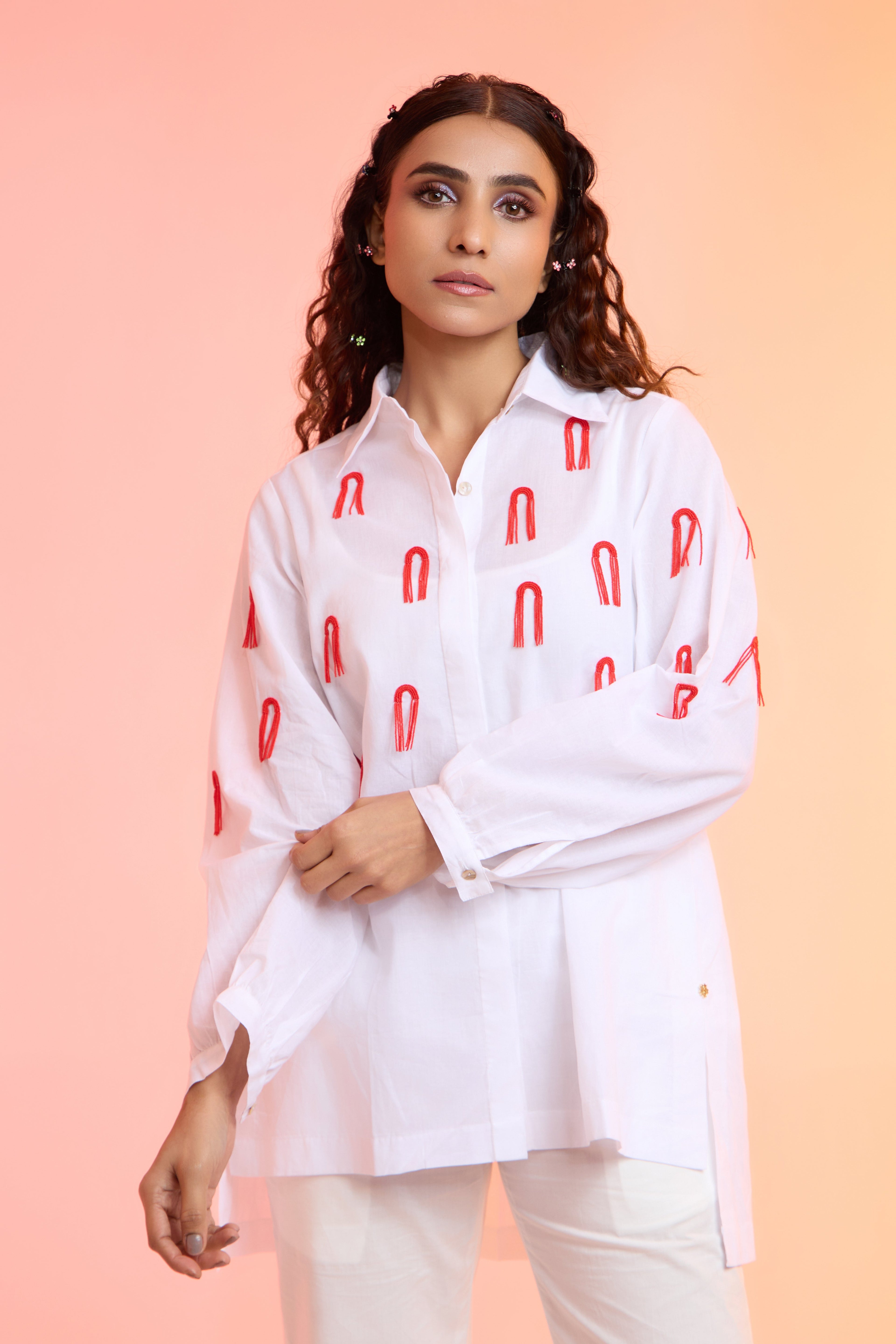 DANGLER formal beaded cotton shirt — front view | Haus of Handmade