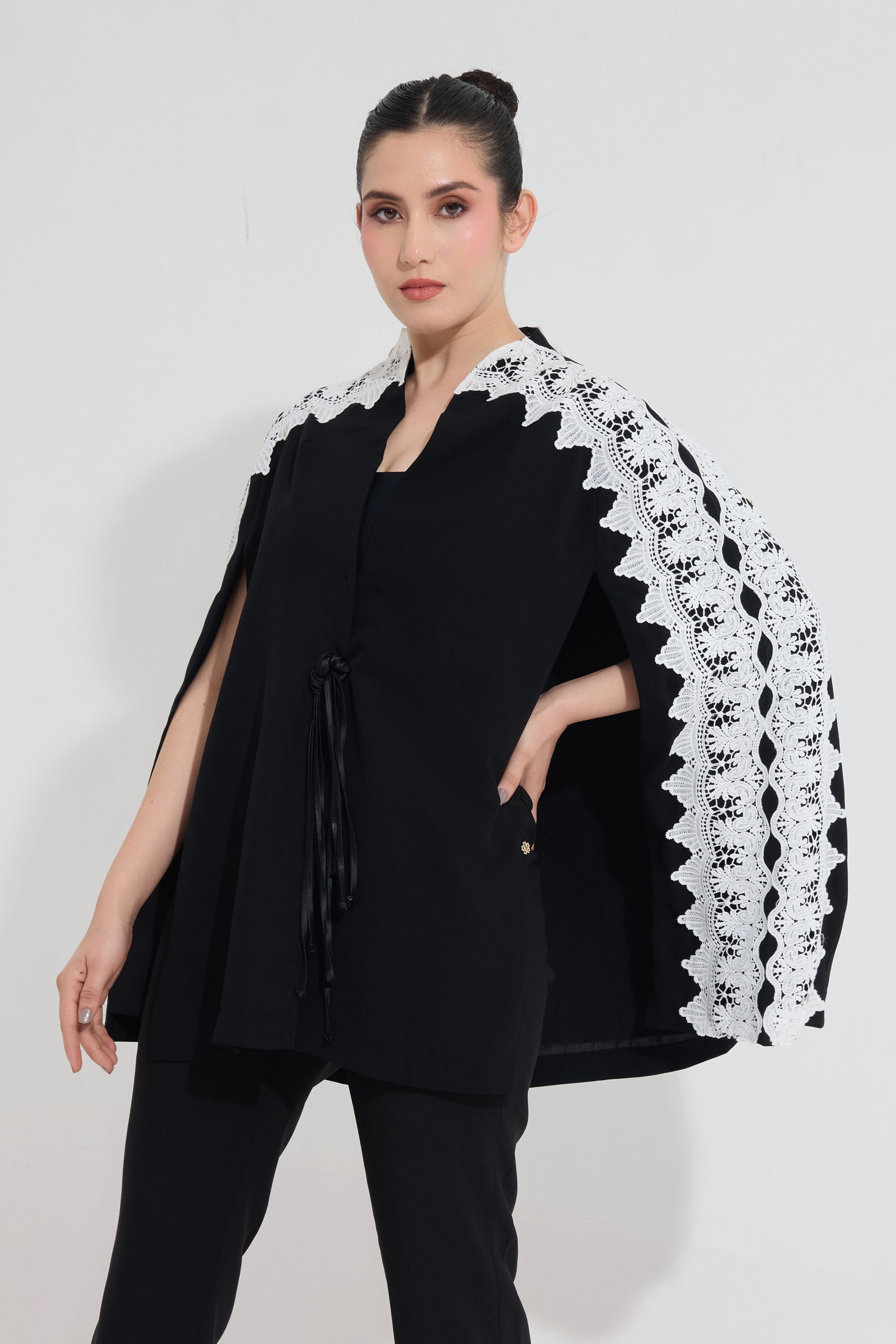 DAWNKISS formal cape in black — front view | Haus of Handmade