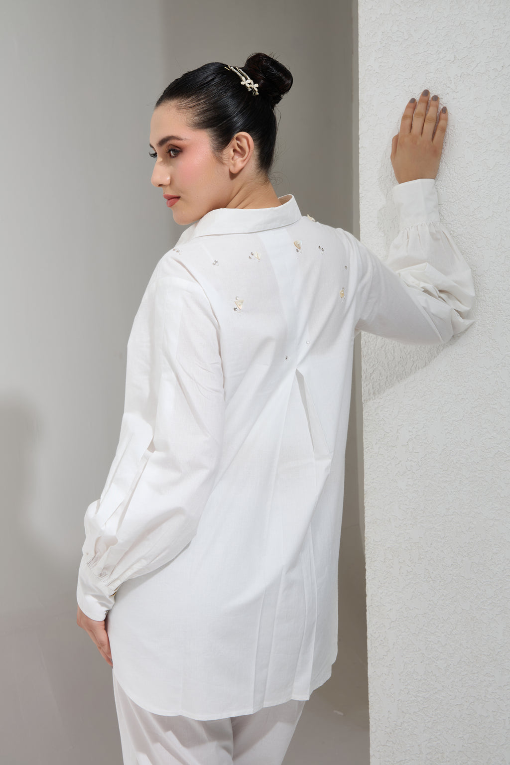 OYSTER embroidered cotton shirt — styled view | Haus of Handmade