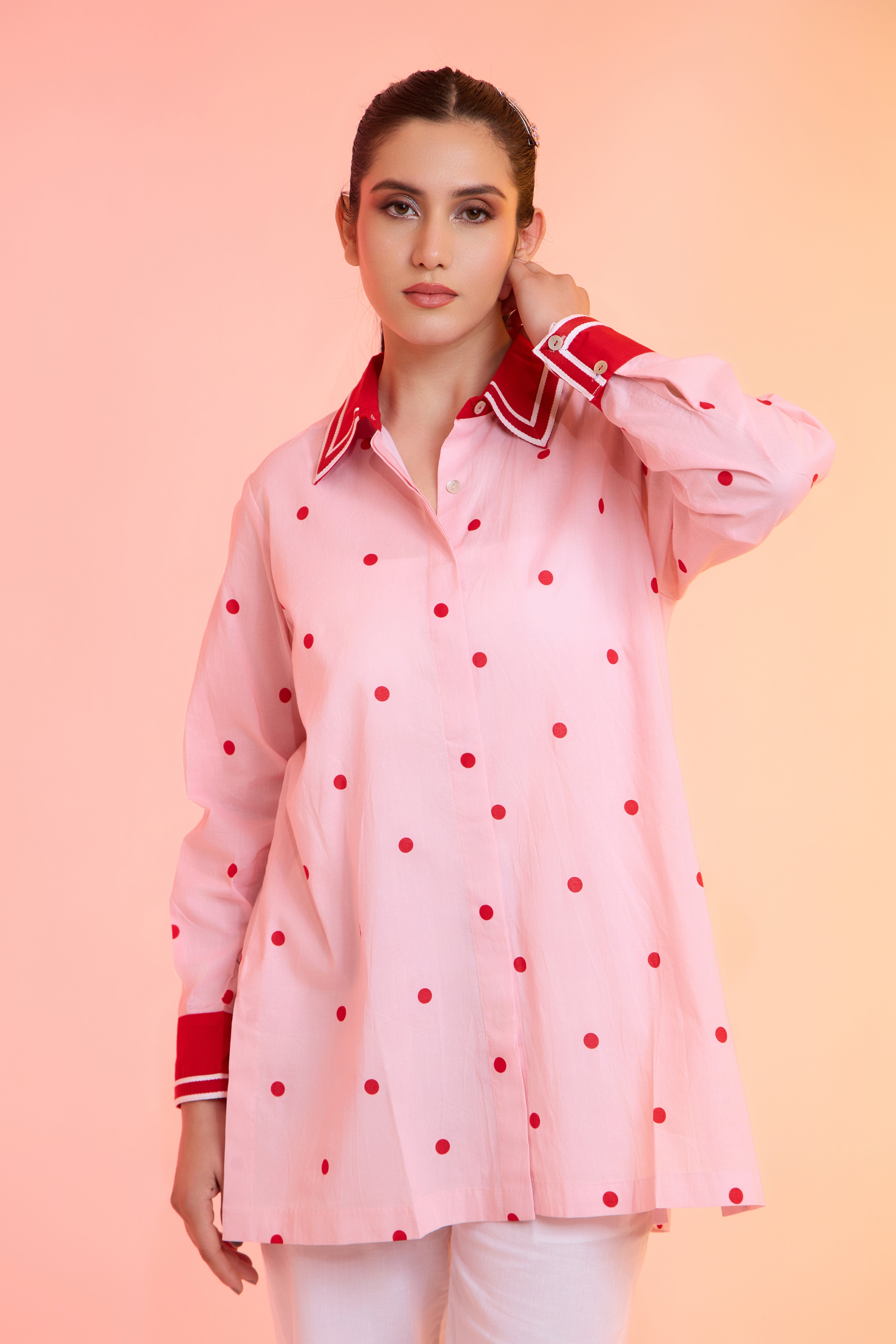 Darling Dot pink formal printed cotton shirt — front view | Haus of Handmade