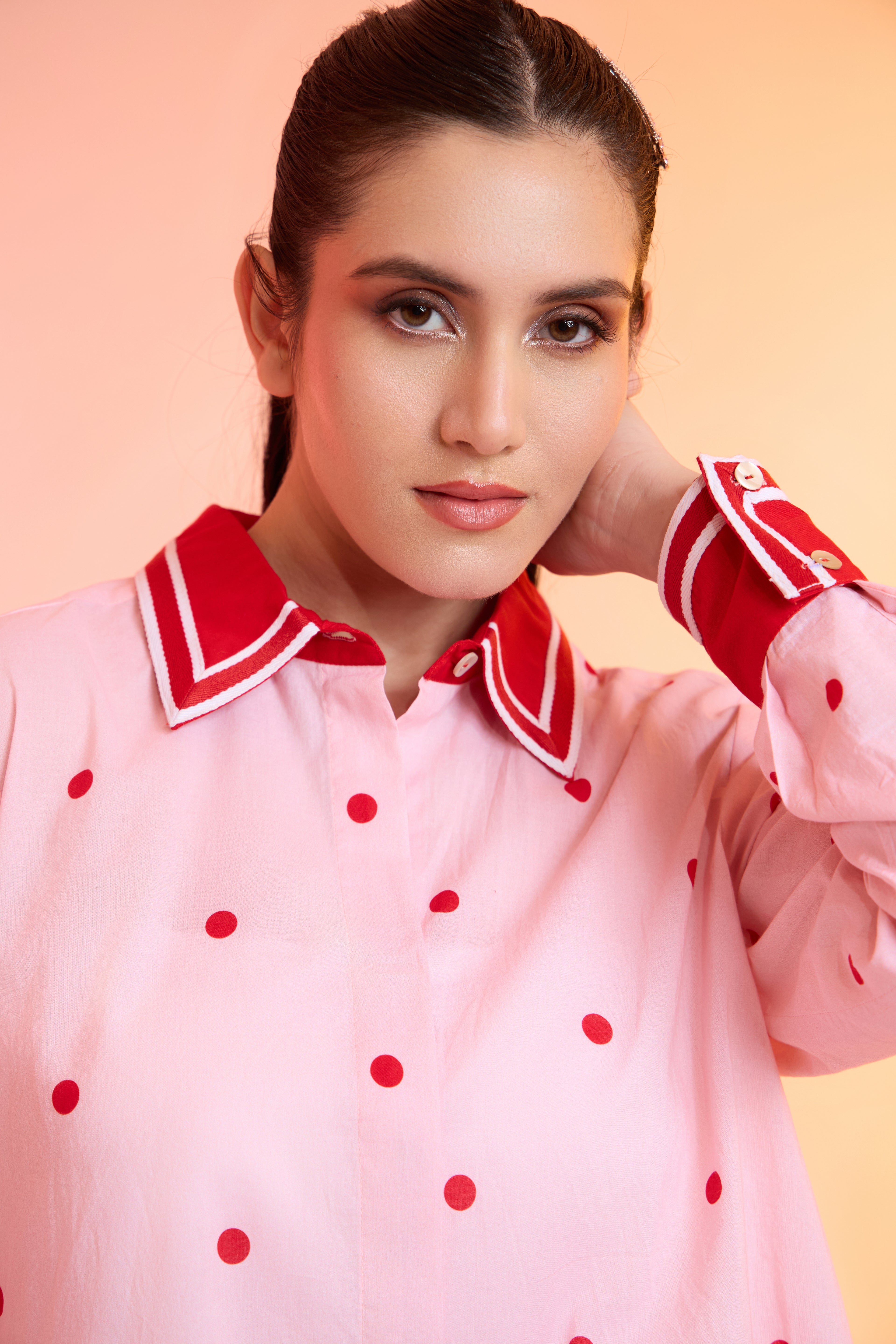 Darling Dot pink formal printed cotton shirt — side view | Haus of Handmade