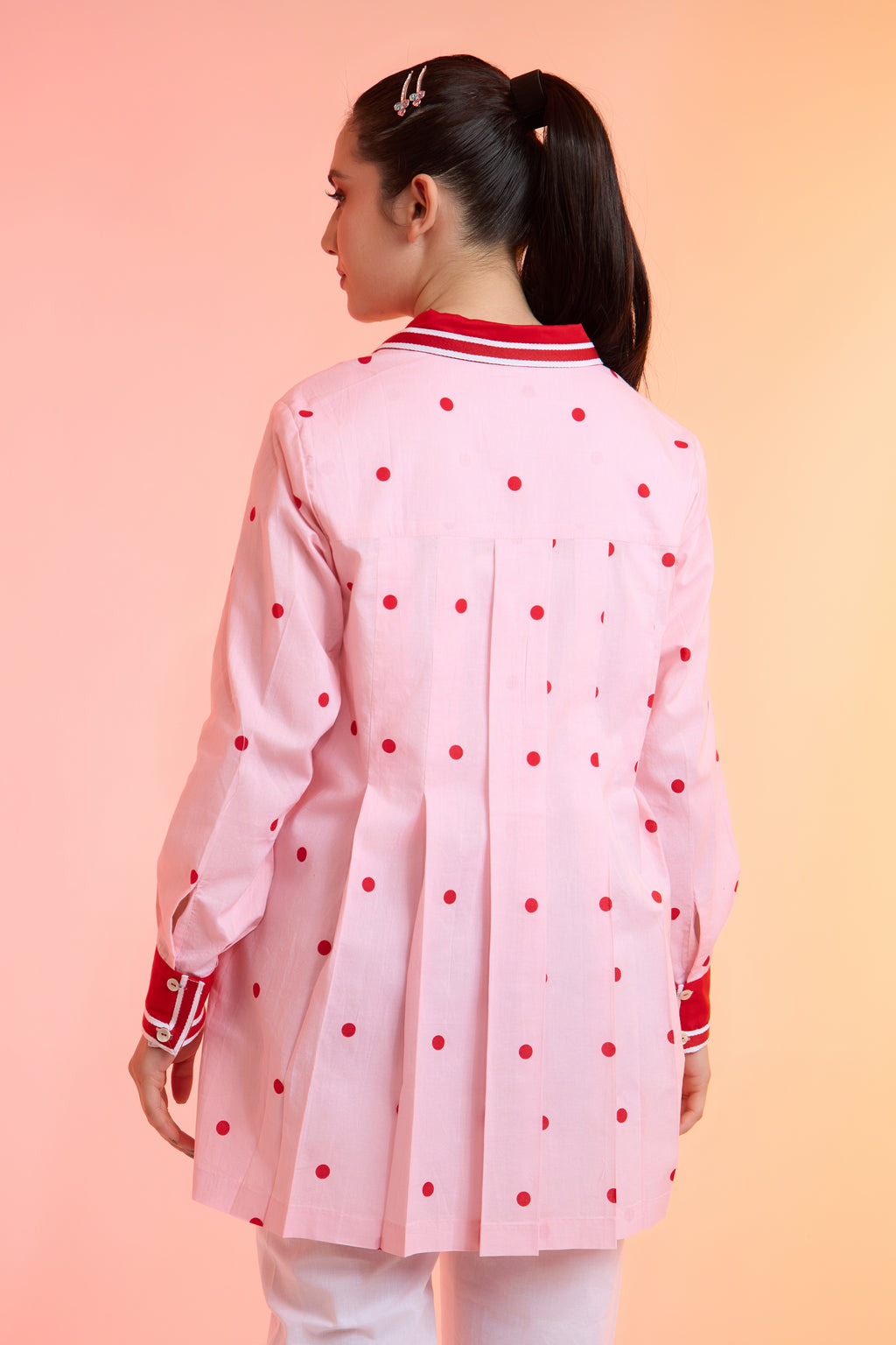 Darling Dot pink formal printed cotton shirt — back view | Haus of Handmade