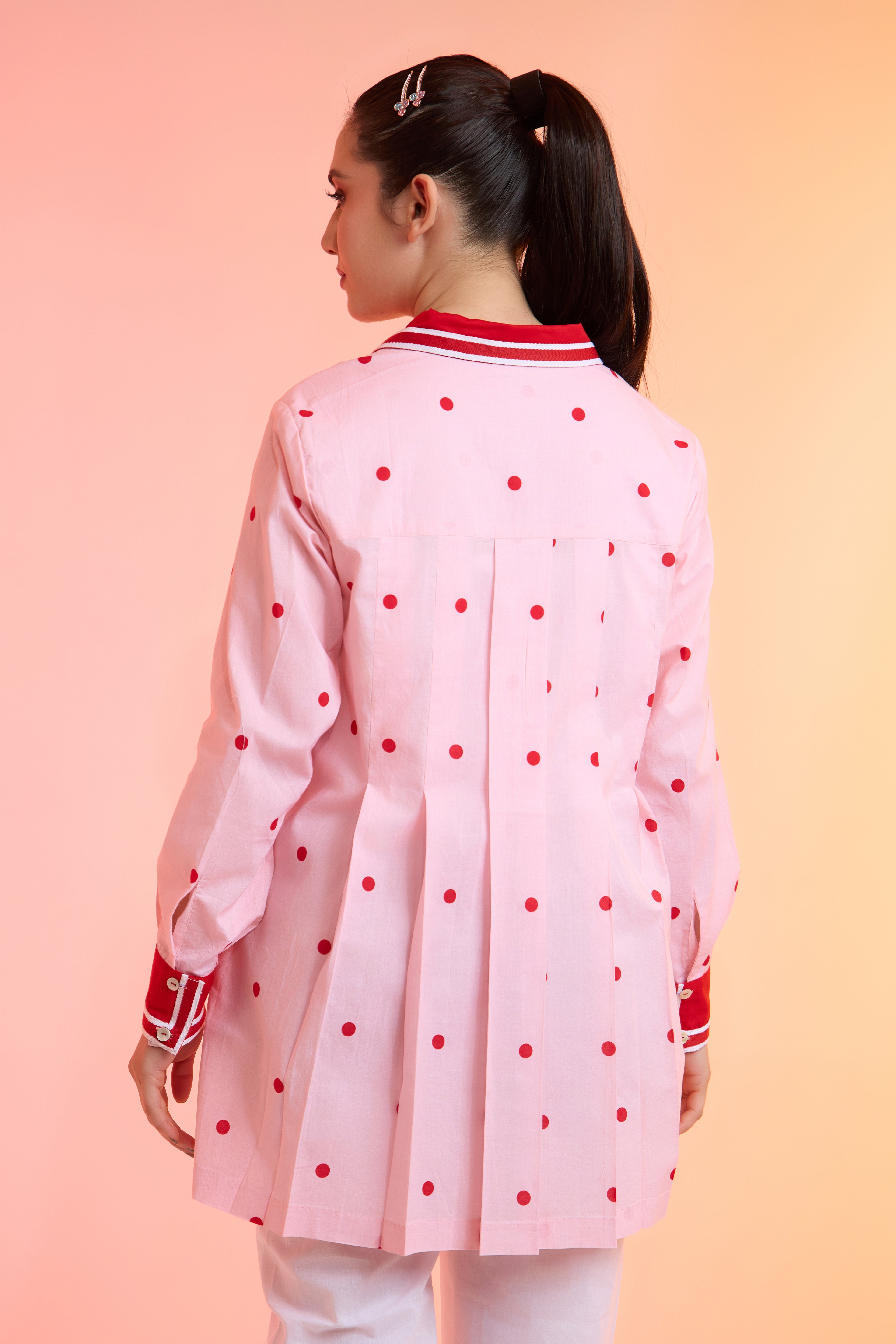 Darling Dot pink formal printed cotton shirt — back view | Haus of Handmade