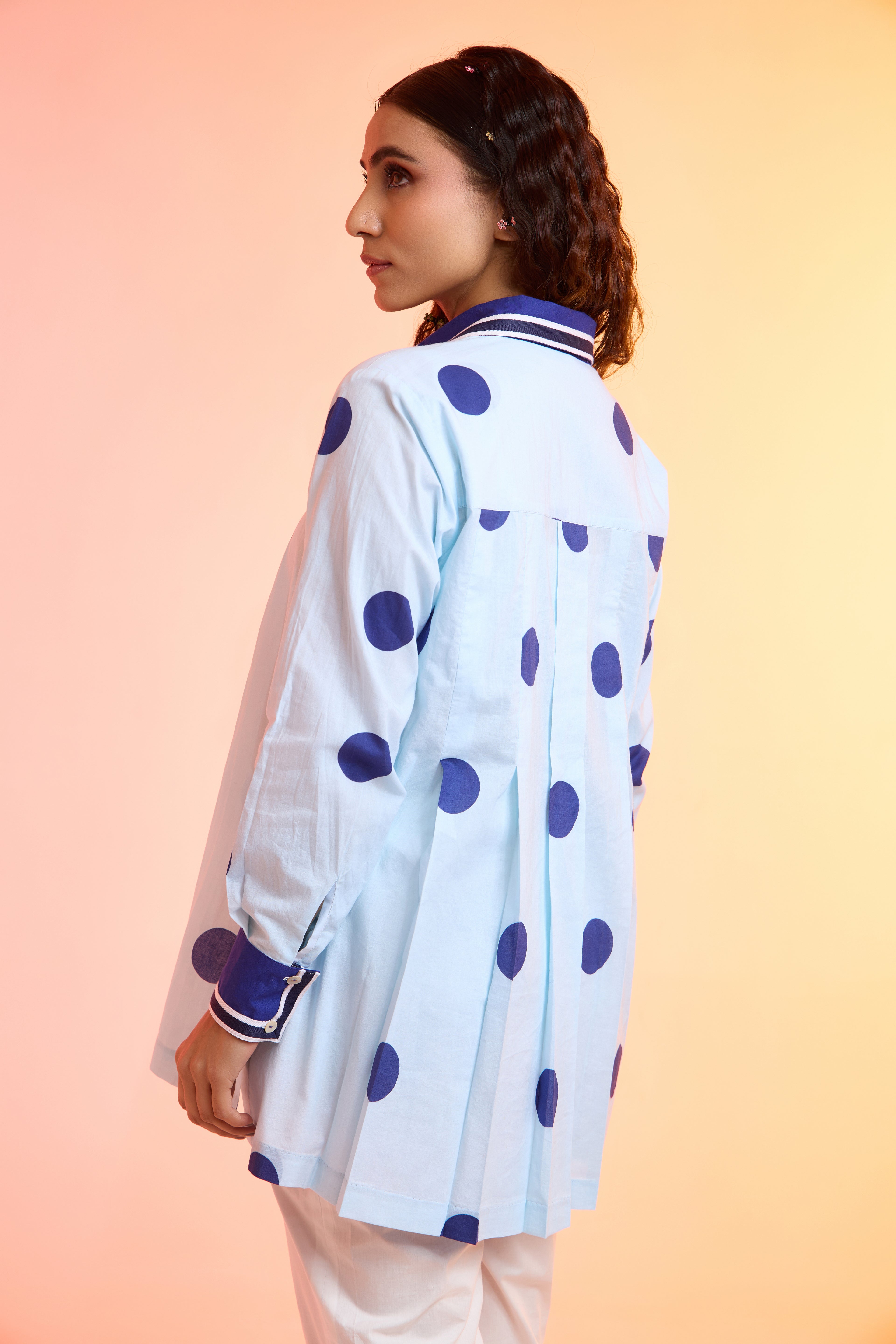 Darling Dot blue formal printed cotton shirt — back view | Haus of Handmade