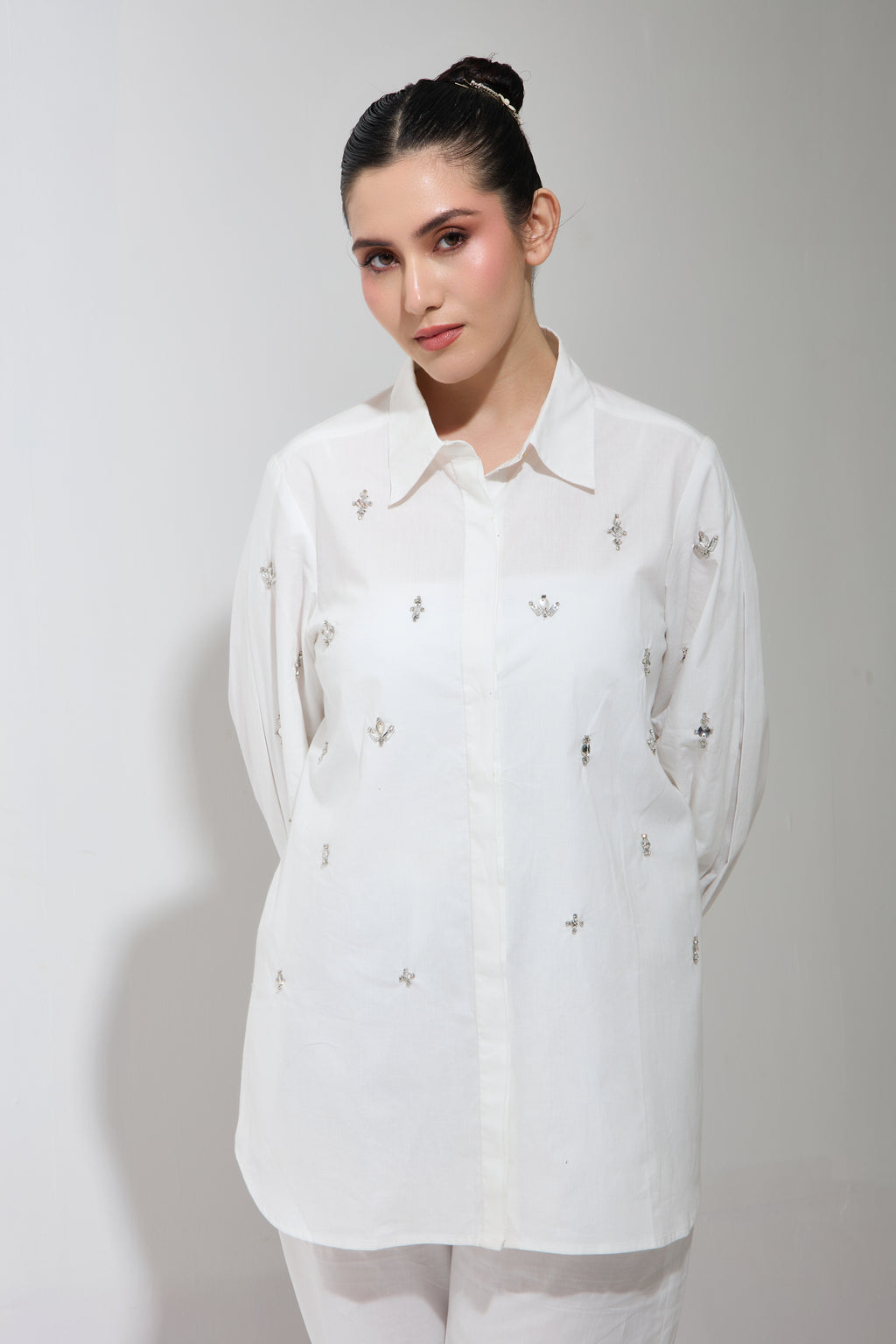 Lulu Swarovski formal cotton shirt — front view | Haus of Handmade