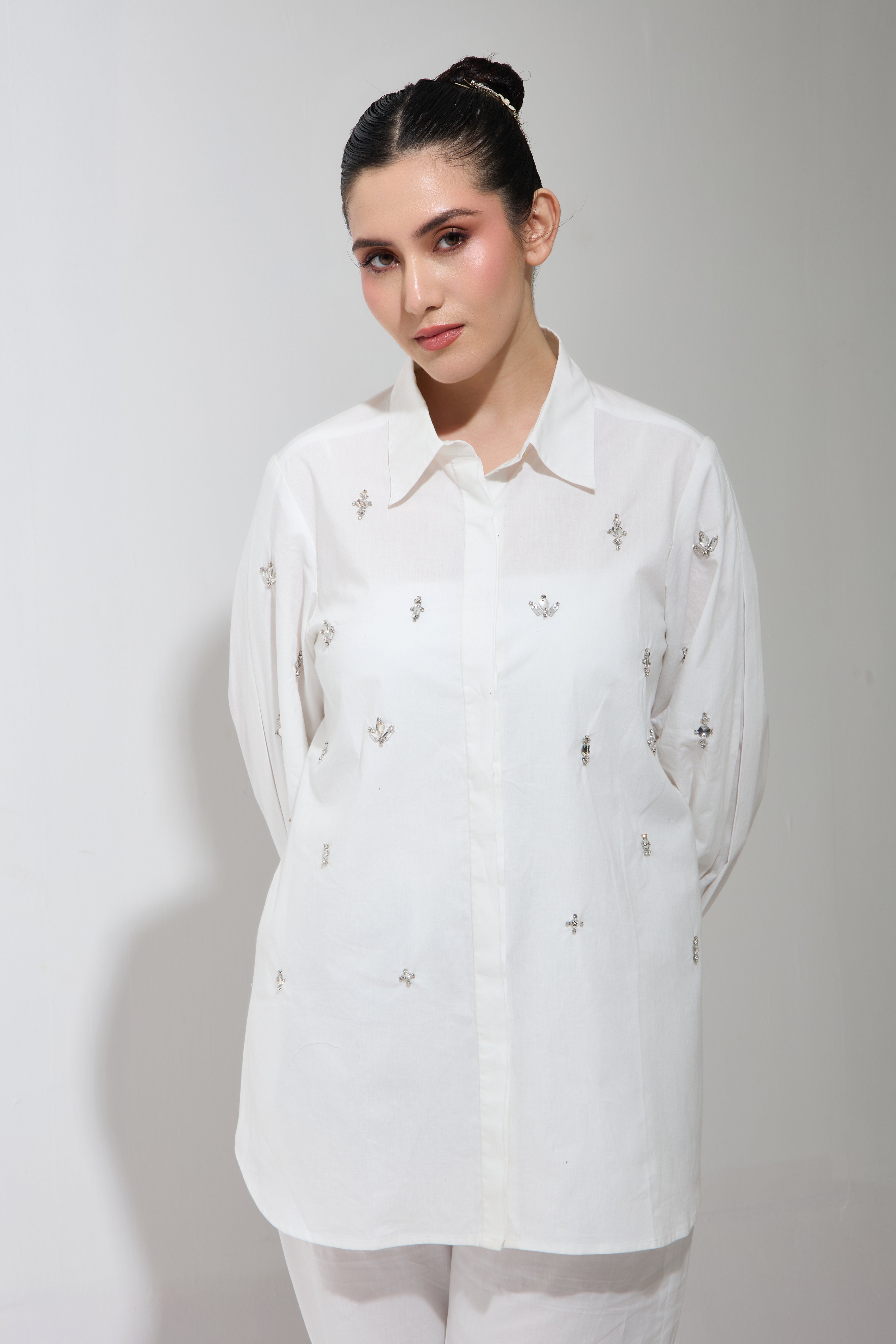 Lulu Swarovski formal cotton shirt — front view | Haus of Handmade