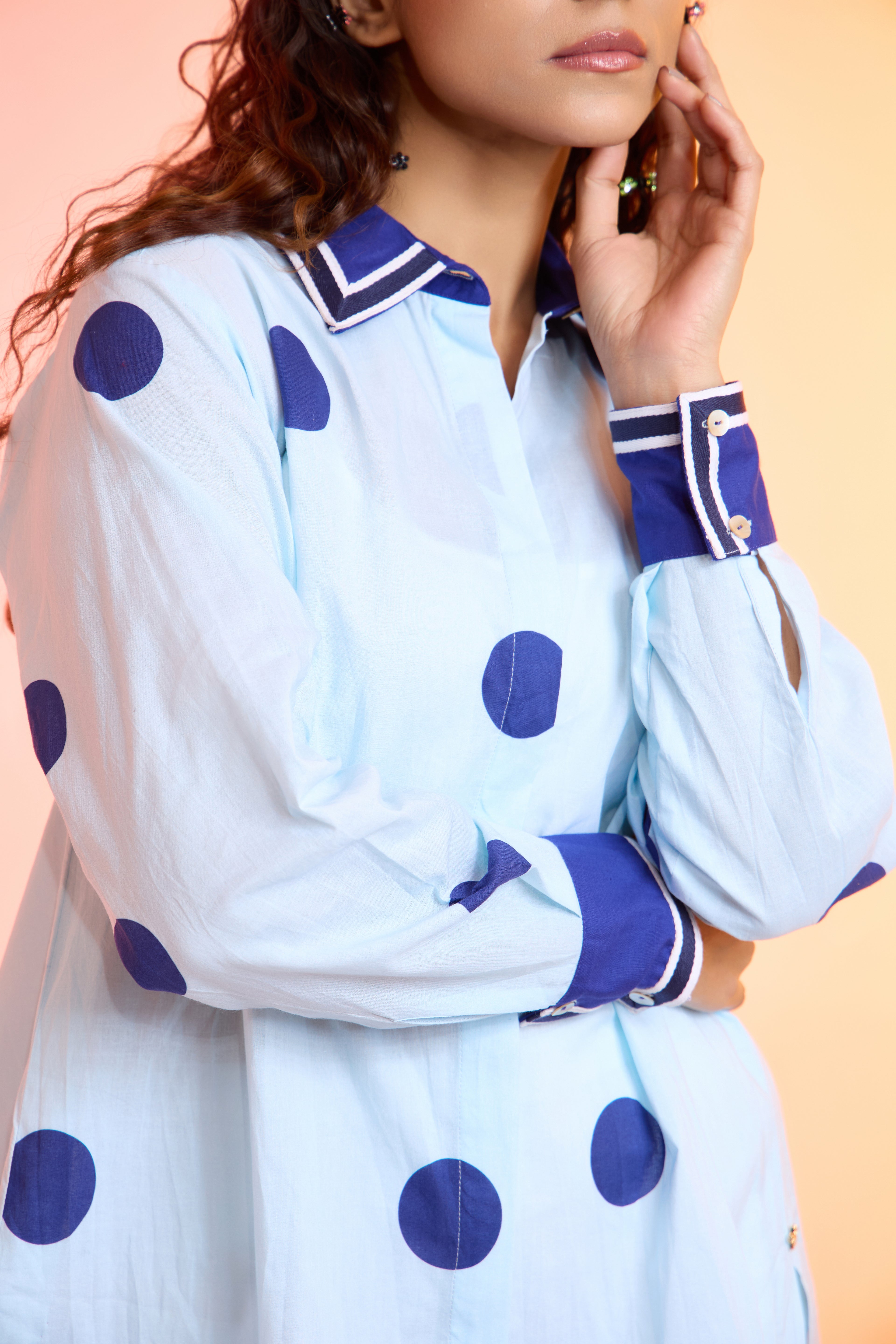 Darling Dot blue formal printed cotton shirt — side view | Haus of Handmade