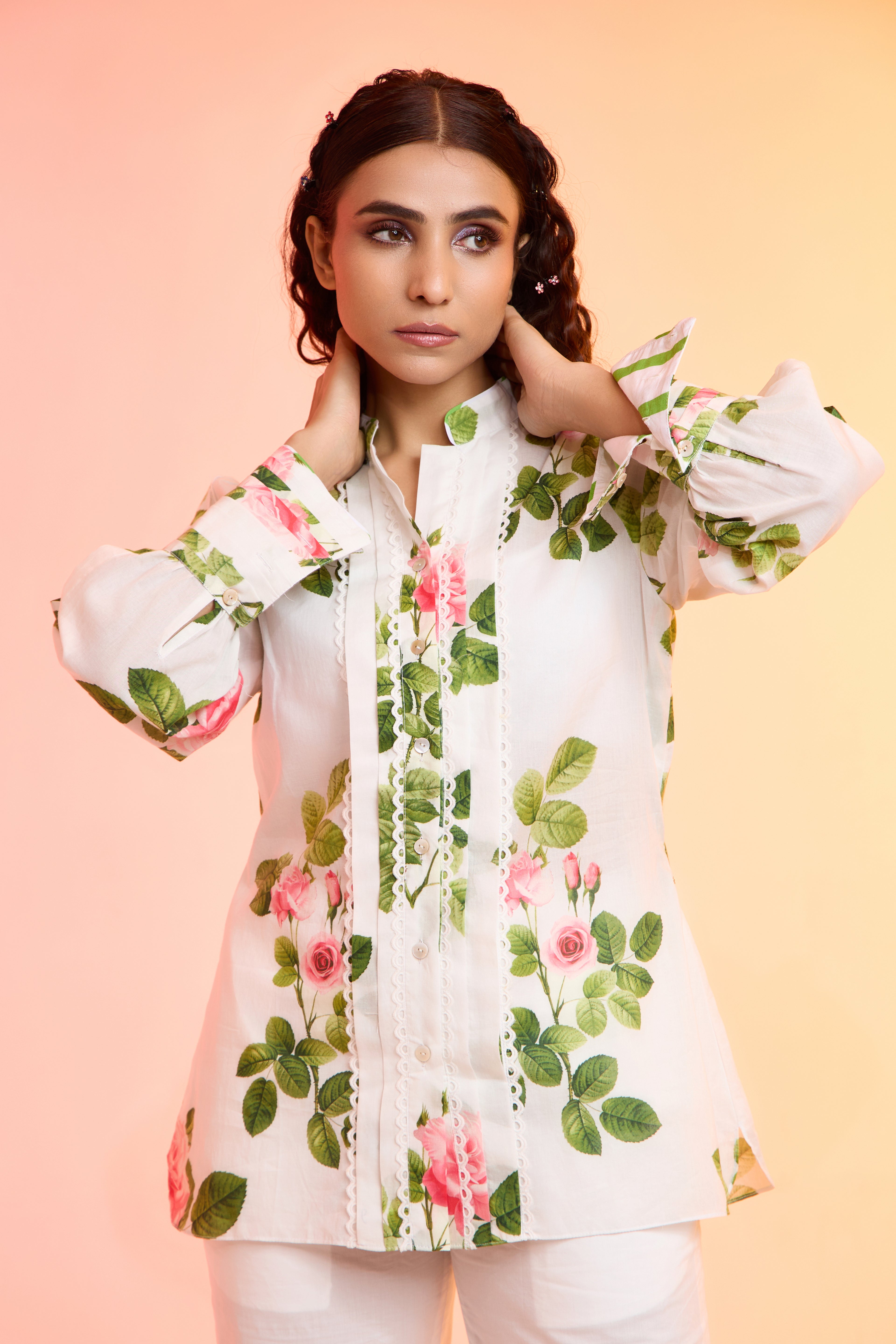 Hey Flower printed cotton shirt — side view | Haus of Handmade