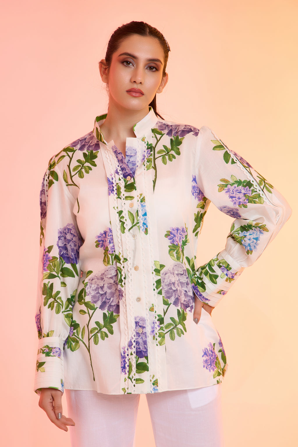 Hey Flower printed cotton shirt — front view | Haus of Handmade