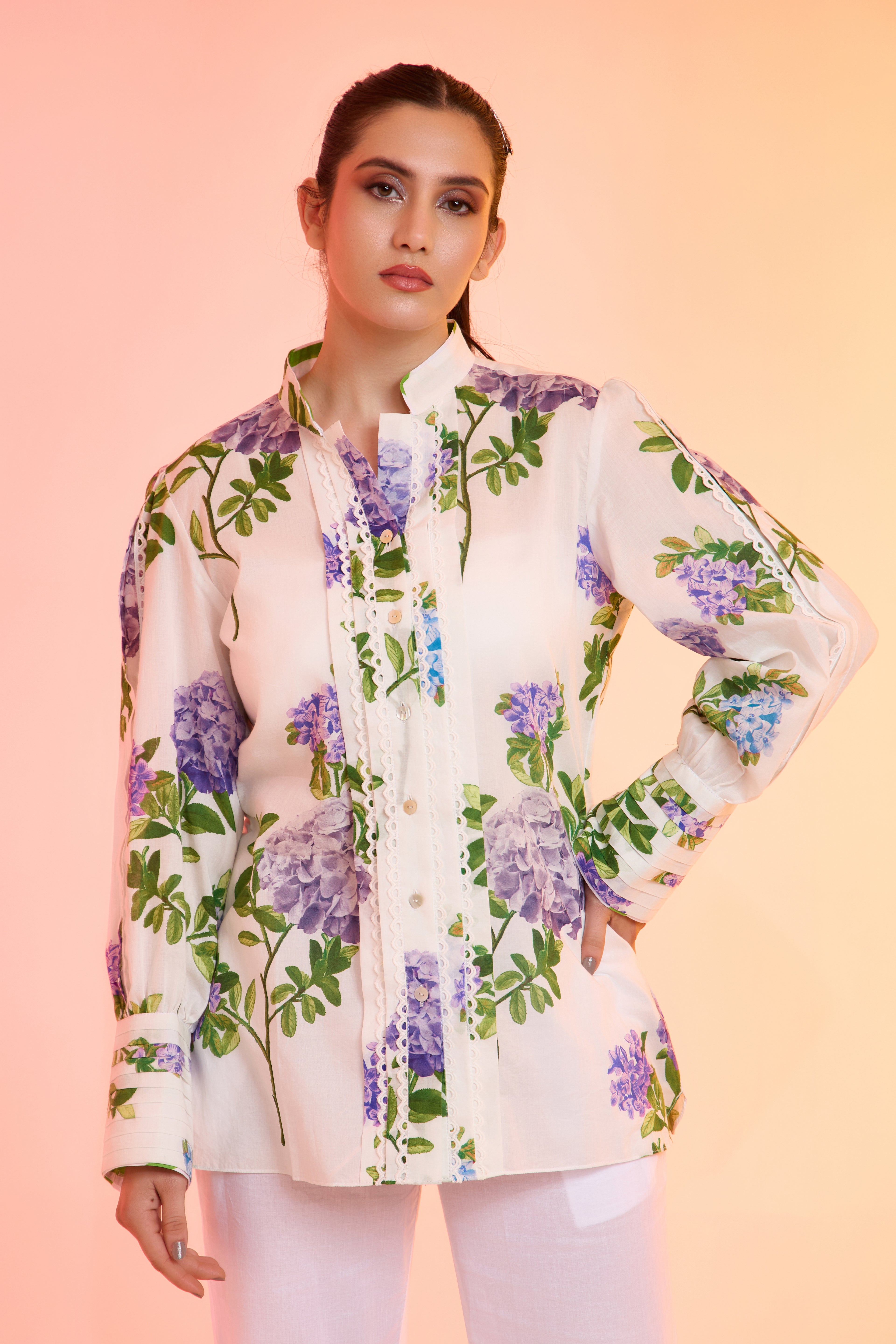 Hey Flower printed cotton shirt — front view | Haus of Handmade