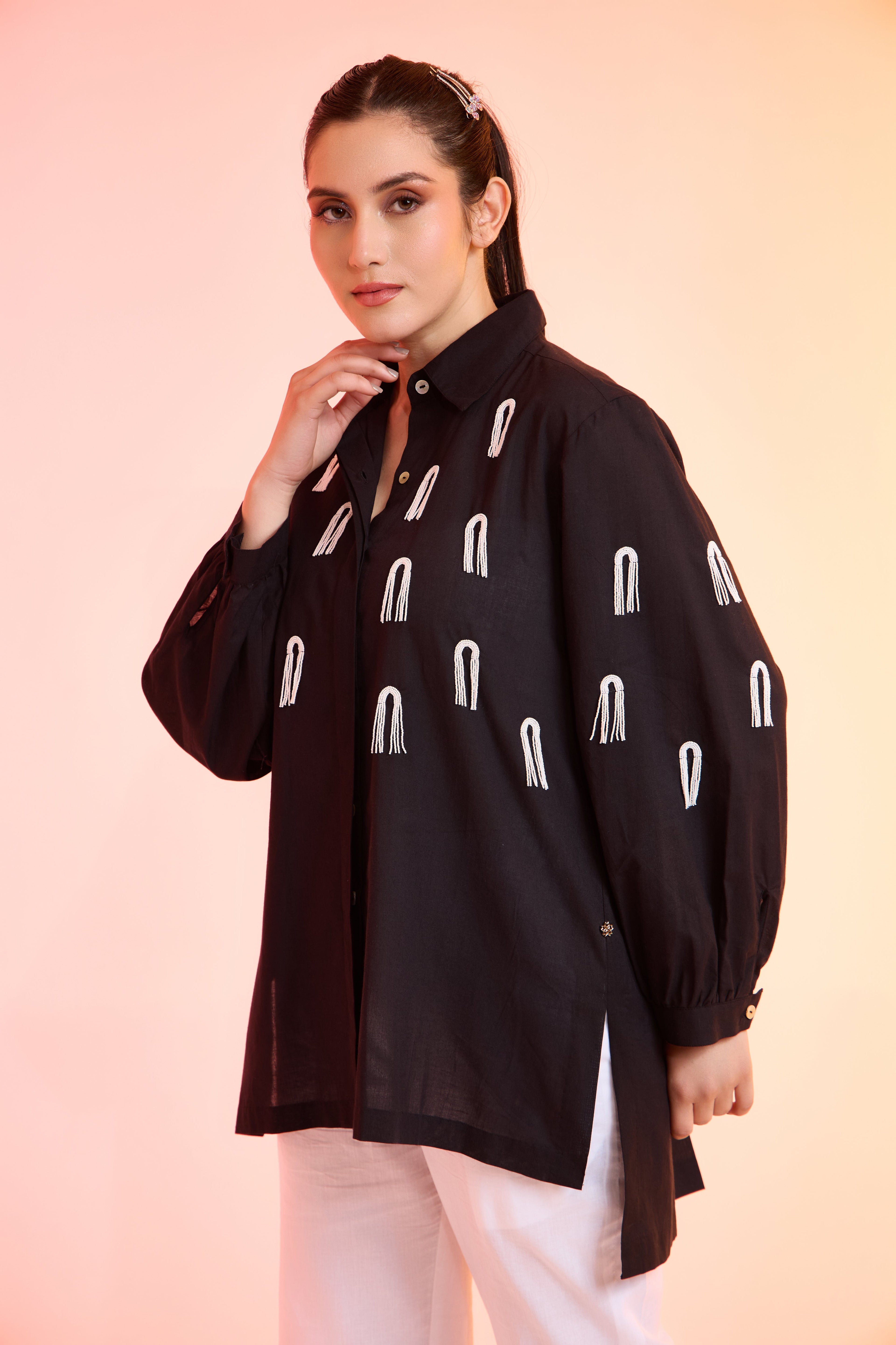 DANGLER formal beaded cotton shirt — side view | Haus of Handmade