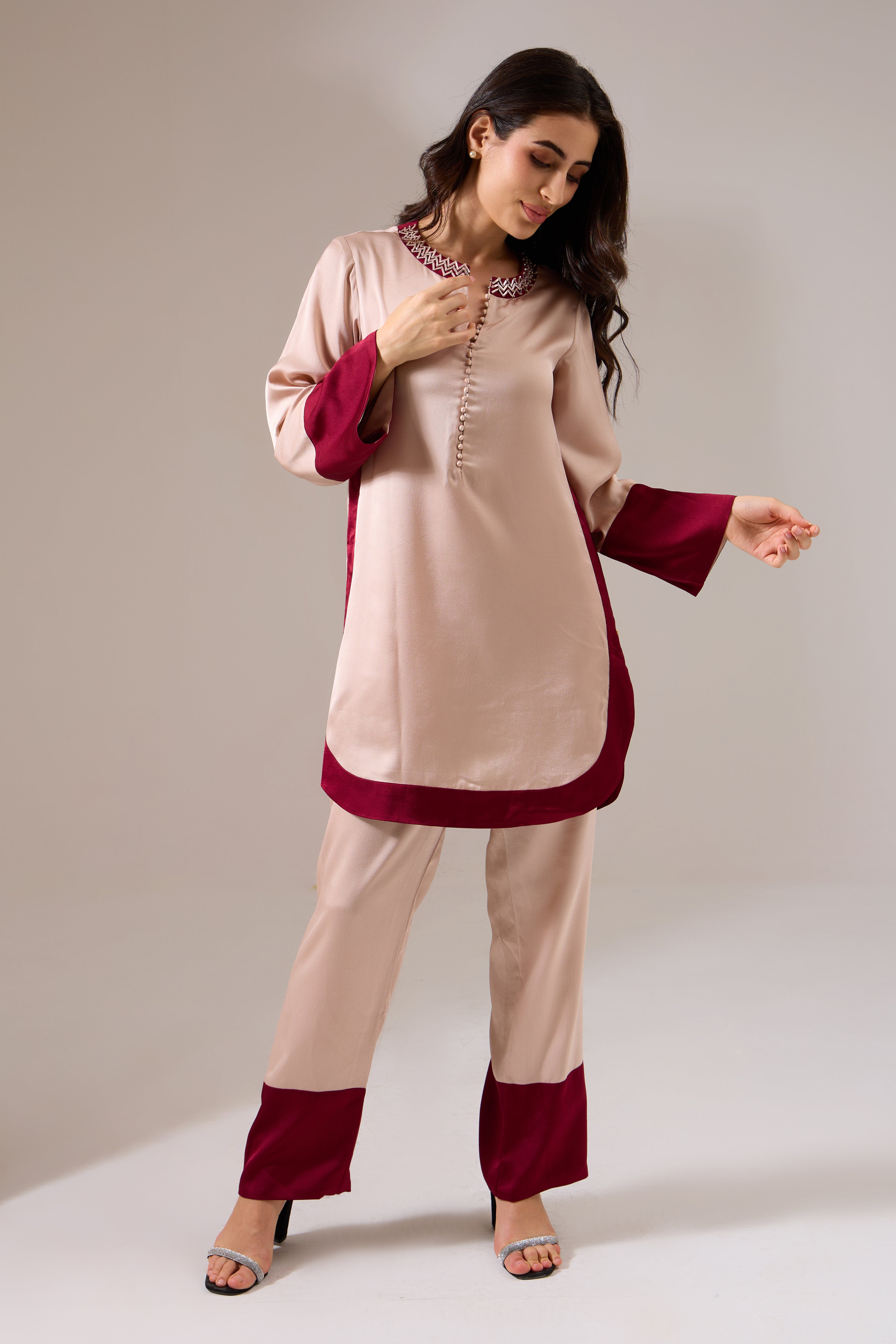 NIA Formal Rose Gold Indo-western Tunic Set — front view | Haus of Handmade