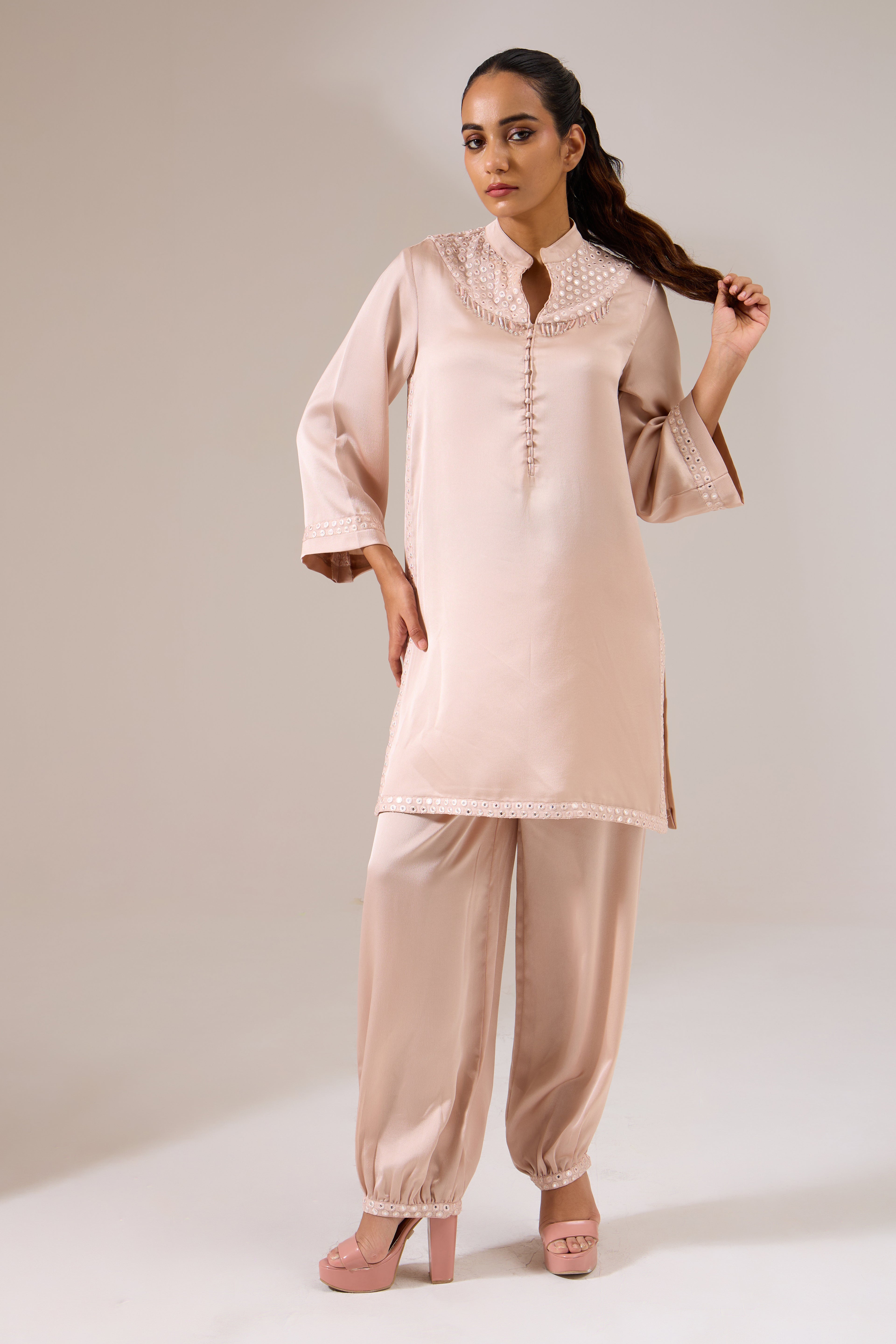 ROSEMIRA Rose Gold Indo-western Tunic Set — front view | Haus of Handmade