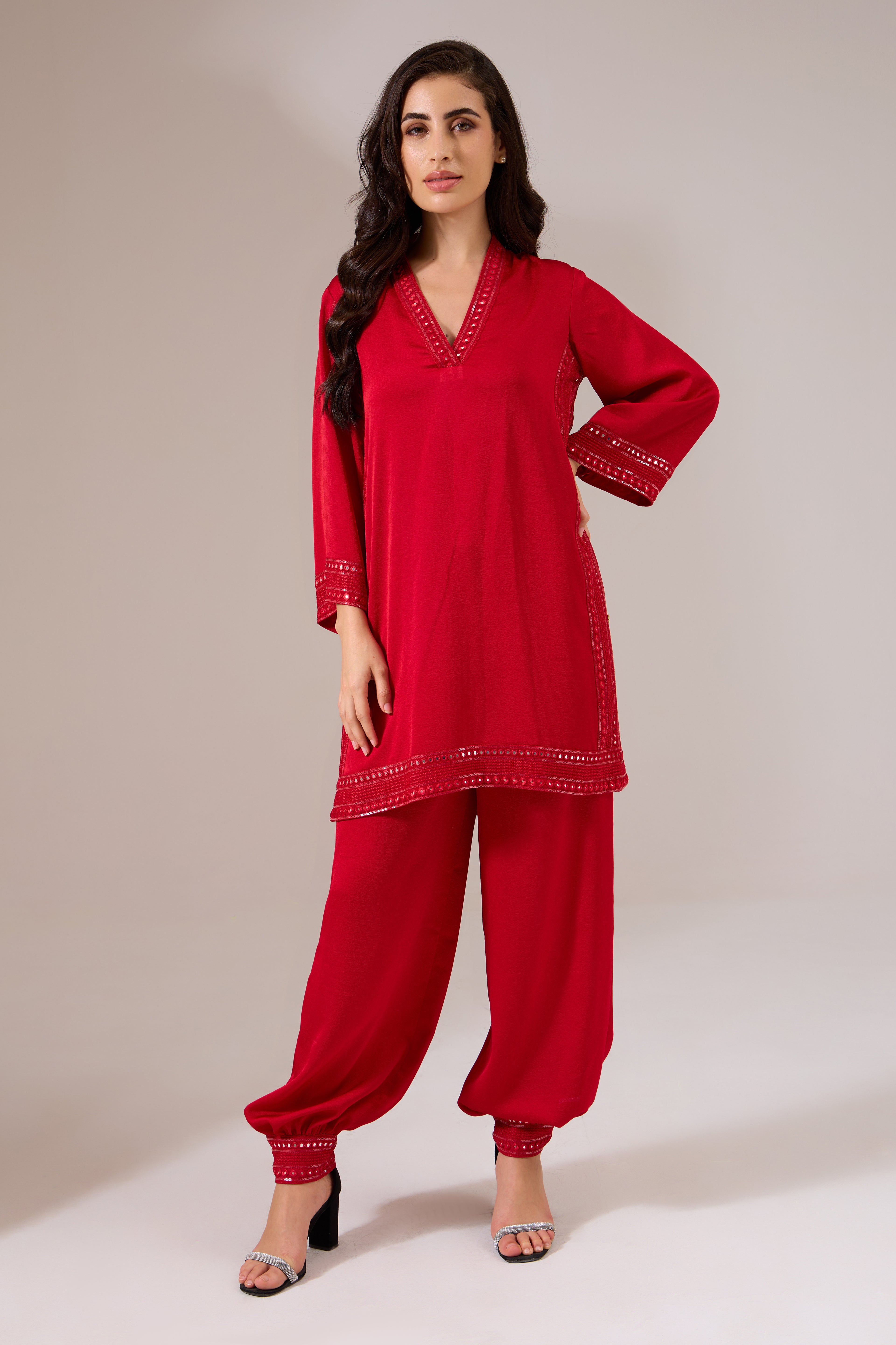 SANGRED Formal Red Indo-western Tunic Set — front view | Haus of Handmade