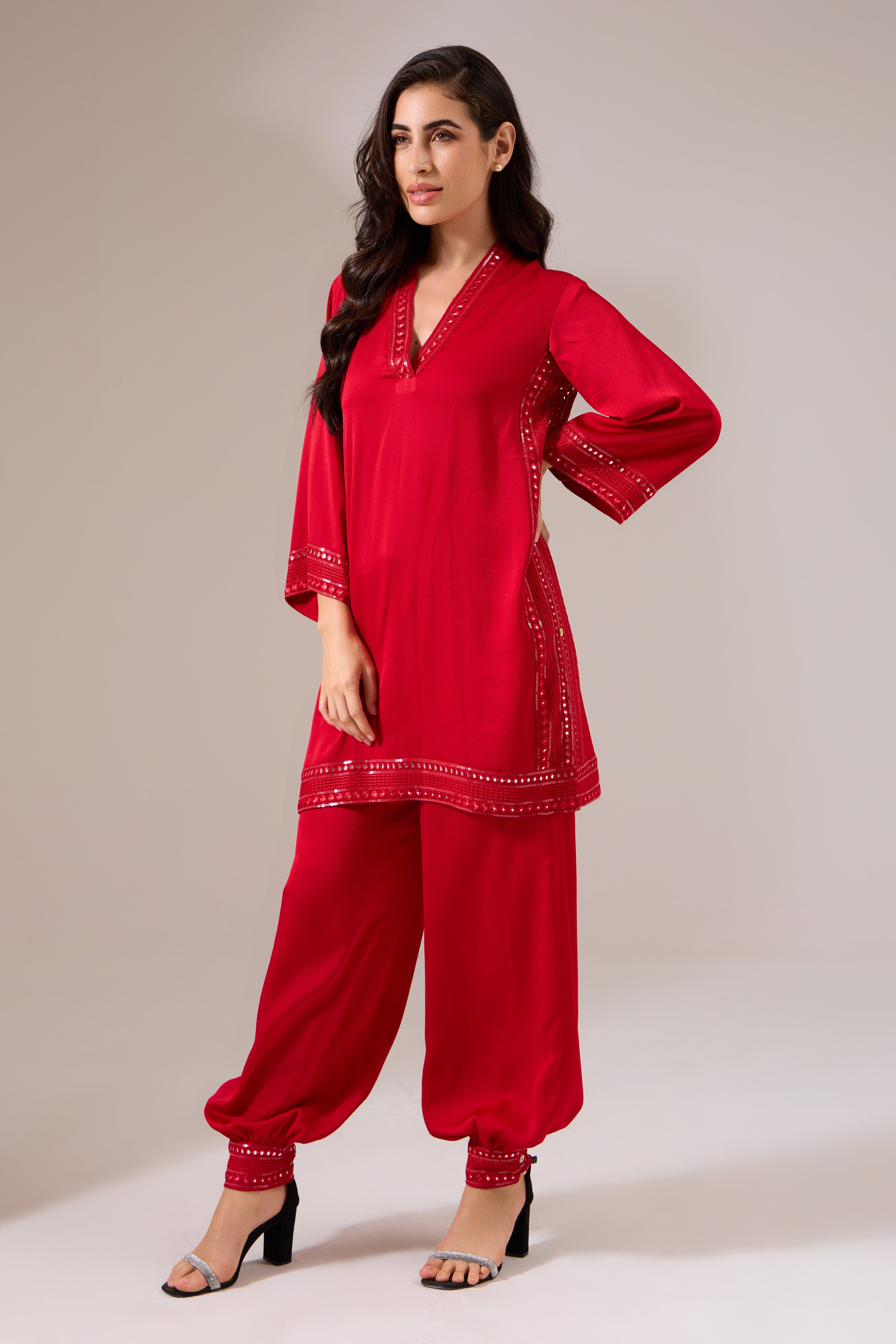 SANGRED Formal Red Indo-western Tunic Set — side view | Haus of Handmade
