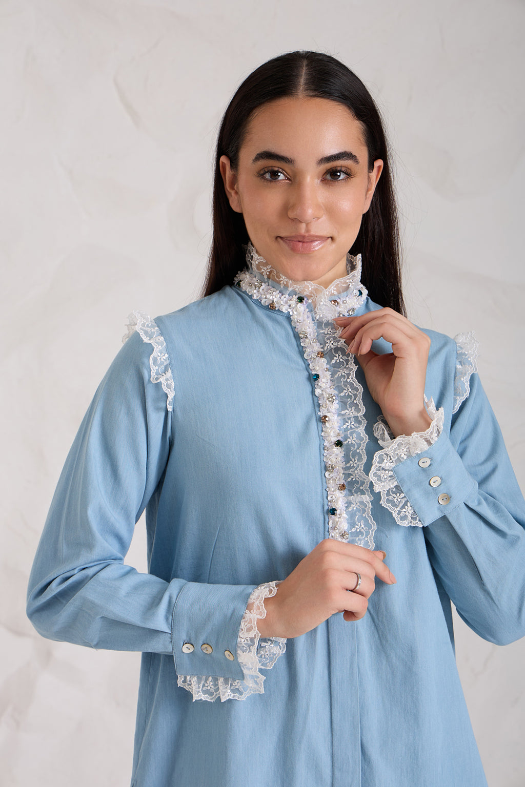 FRILL Denim Shirt — front view | Haus of Handmade
