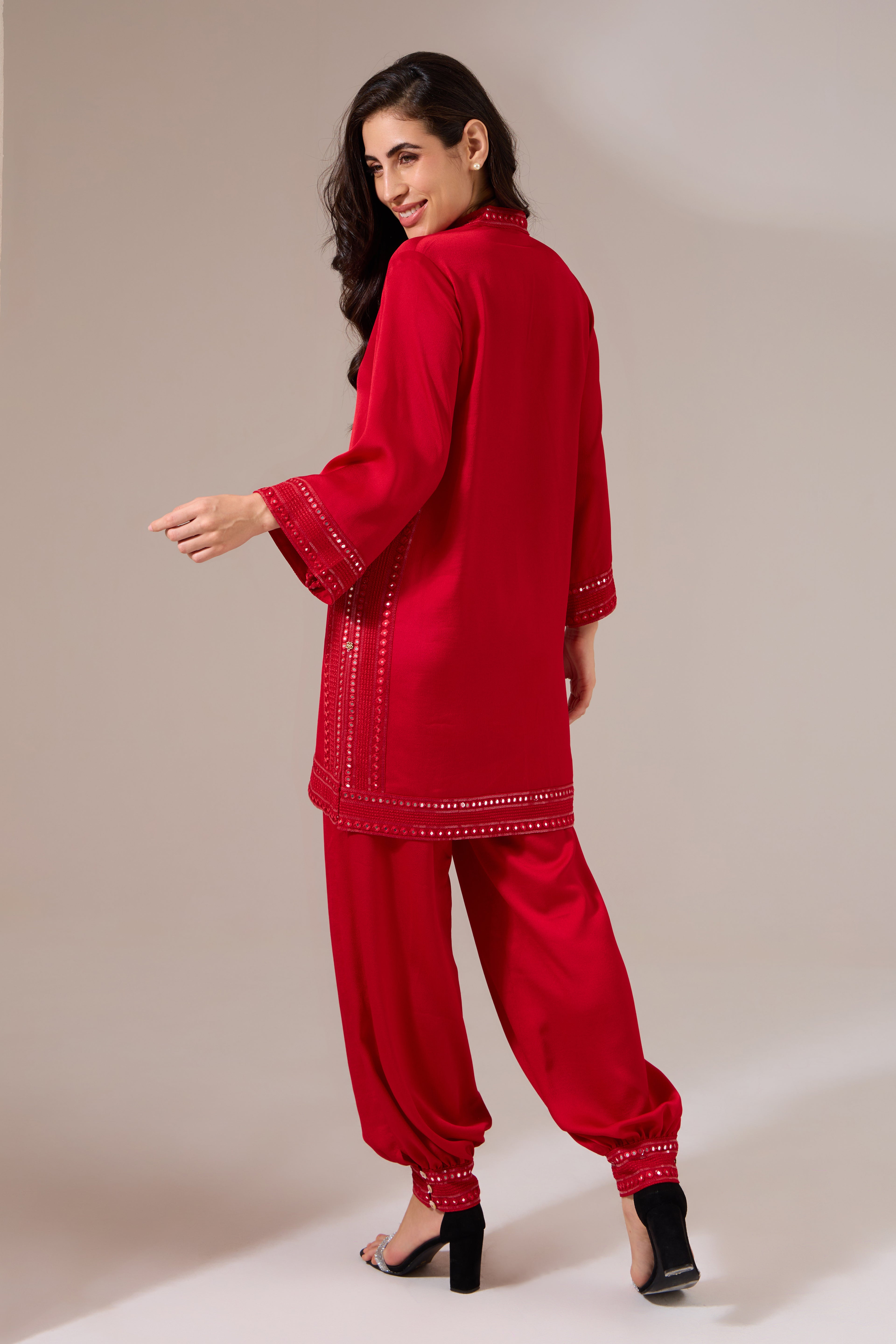 SANGRED Formal Red Indo-western Tunic Set — back view | Haus of Handmade