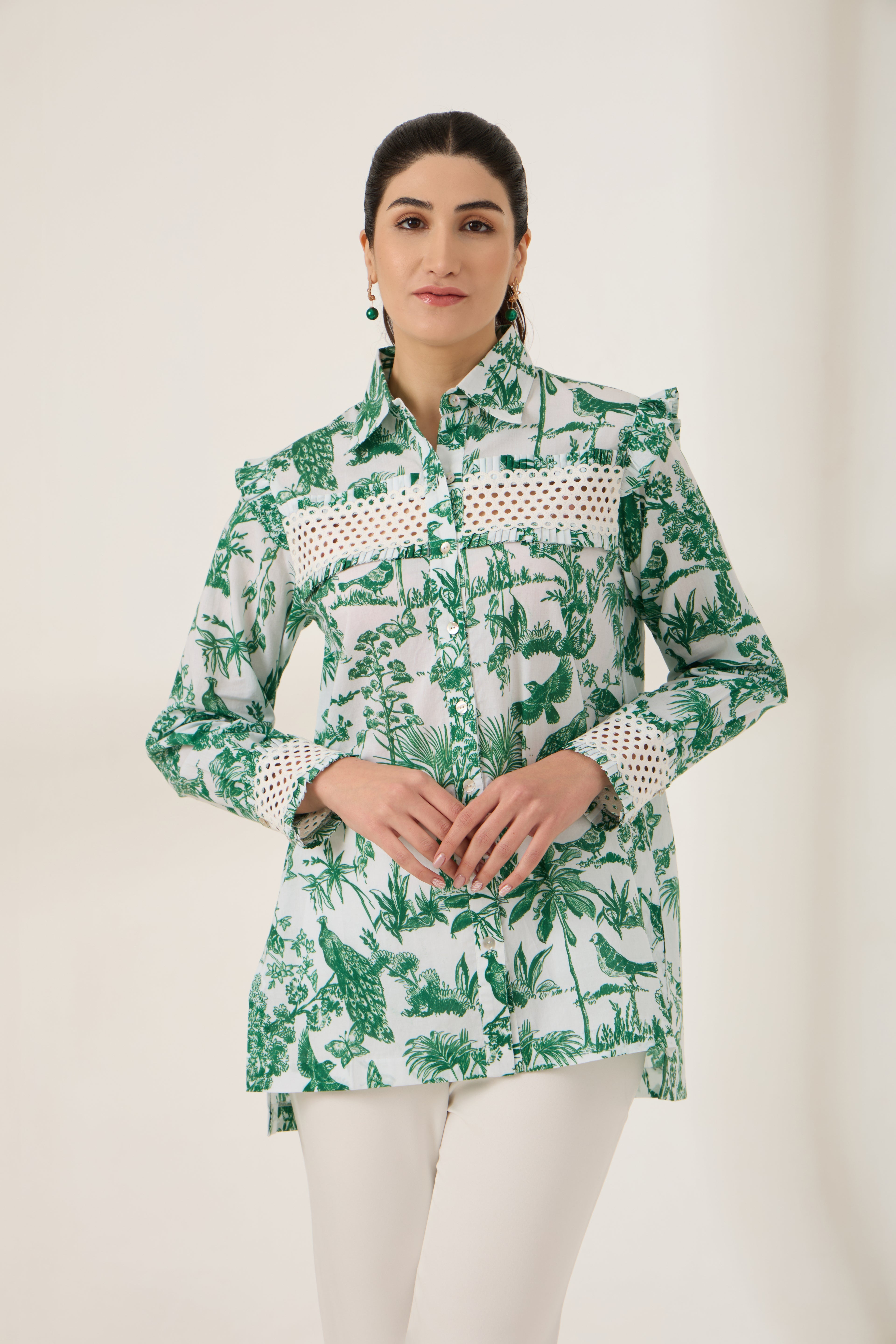 Green Toile Printed Cotton Shirt