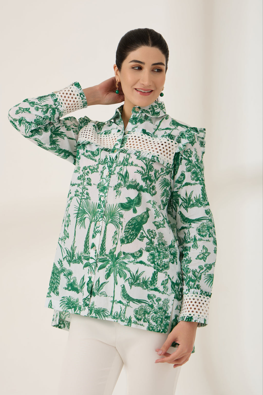 Green Toile Printed Cotton Shirt — front view | Haus of Handmade