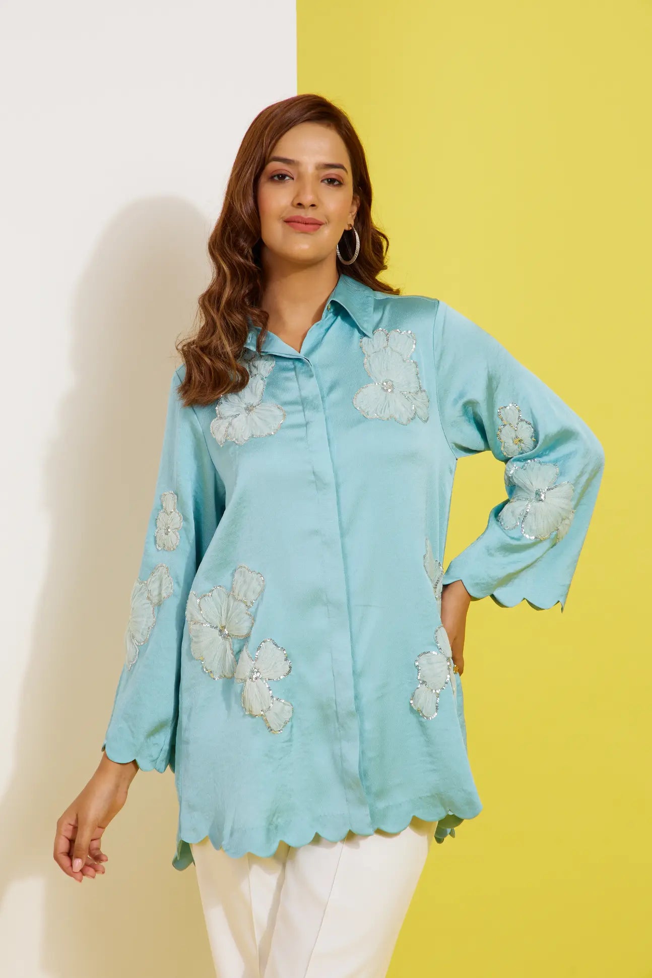 Shimmy formal sequined shirt — front view | Haus of Handmade