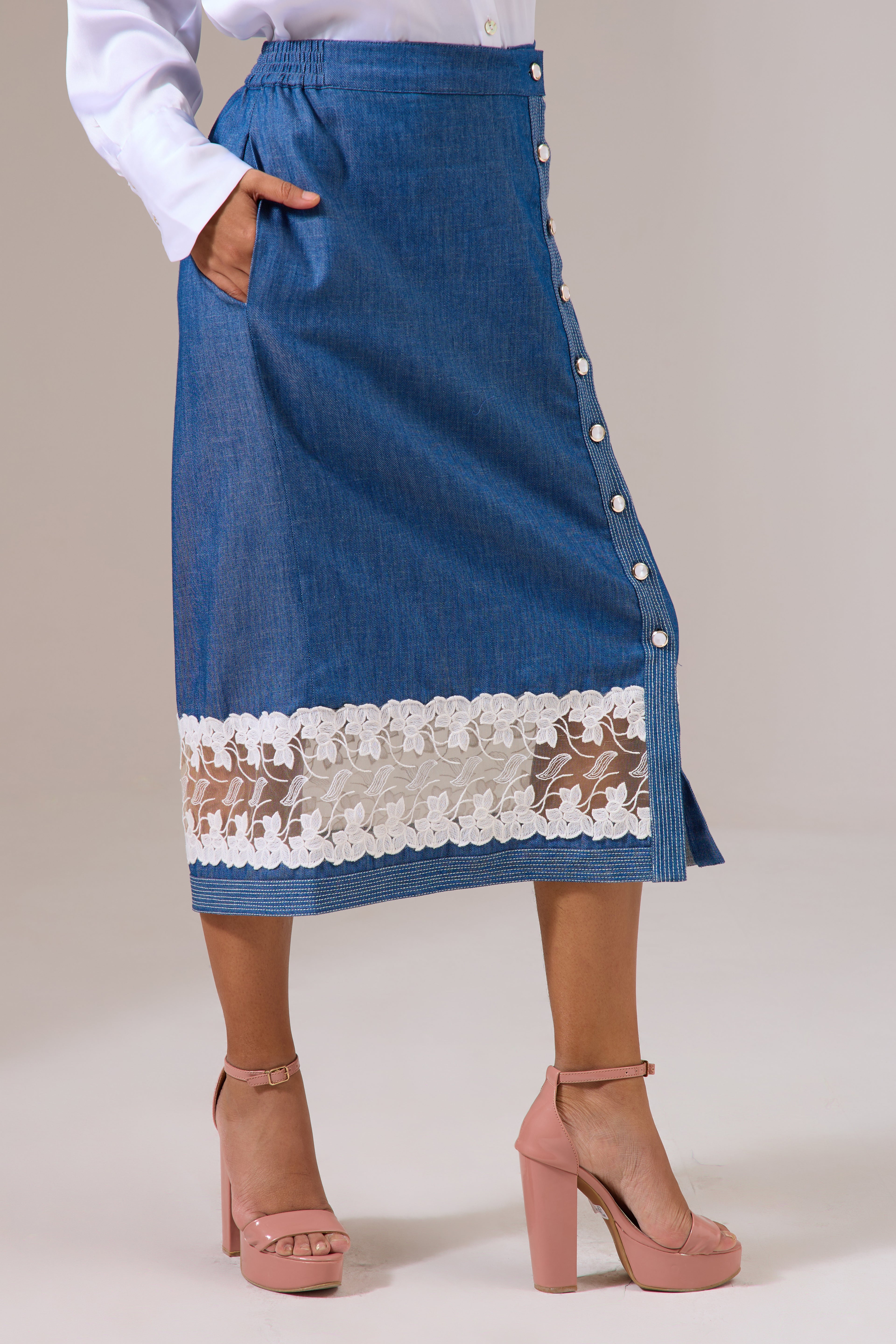 LACEY denim skirt — front view | Haus of Handmade