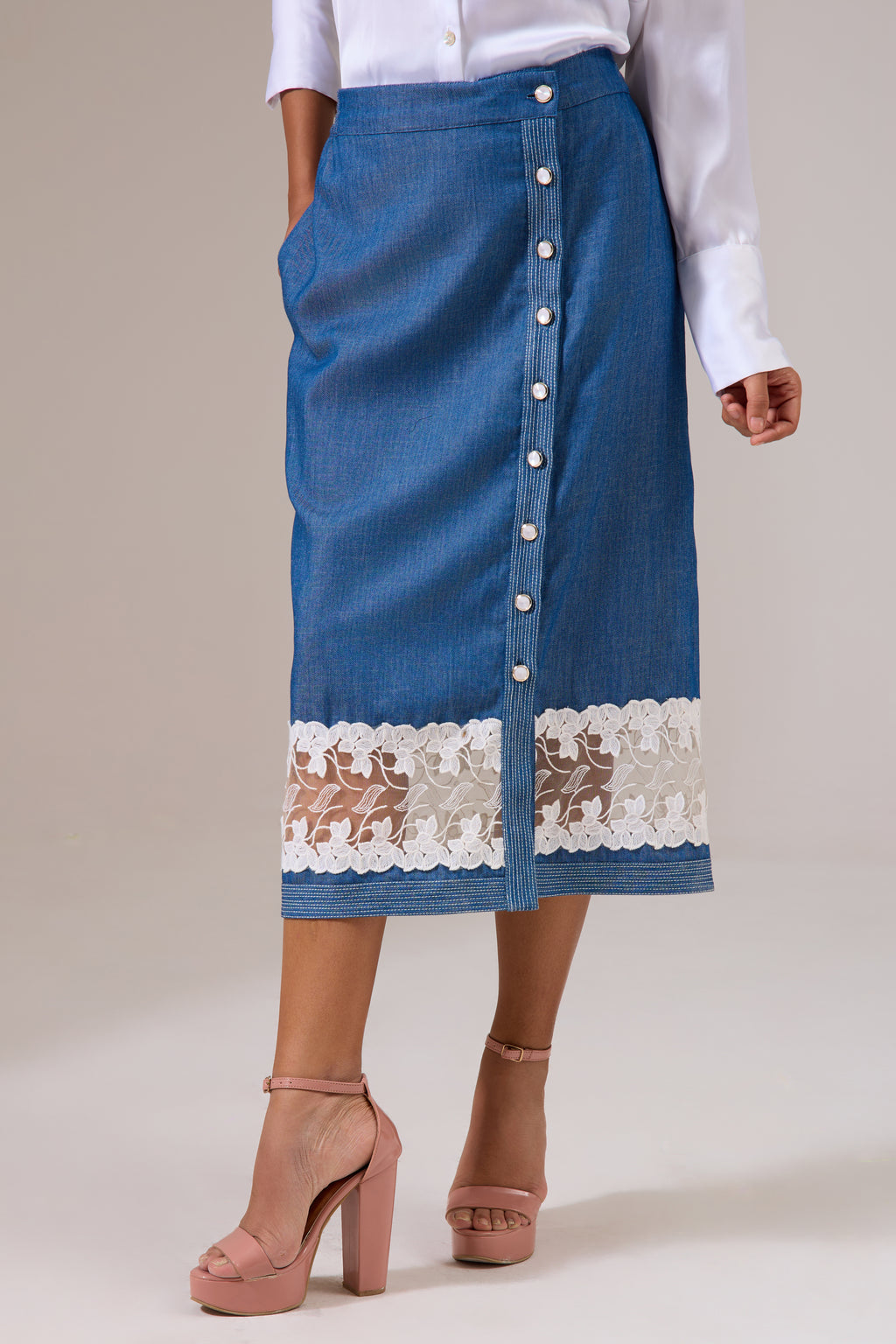 LACEY denim skirt — side view | Haus of Handmade