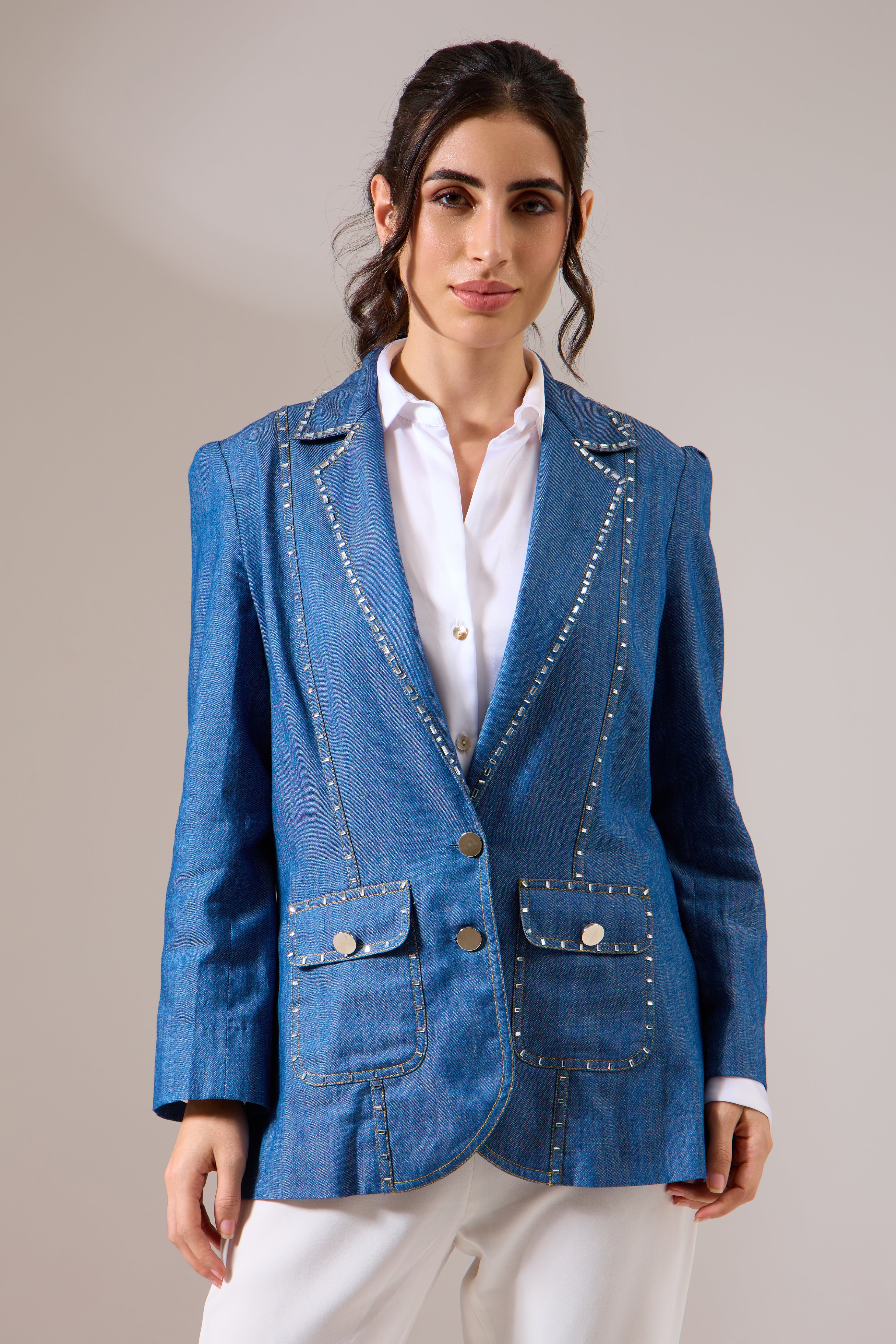 DIAMANTE denim jacket — front view | Haus of Handmade
