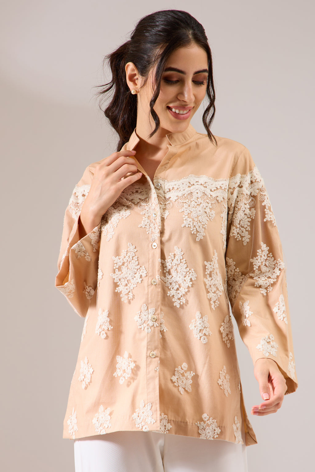 ORNATE beige lace poplin shirt — side view | Haus of Handmade