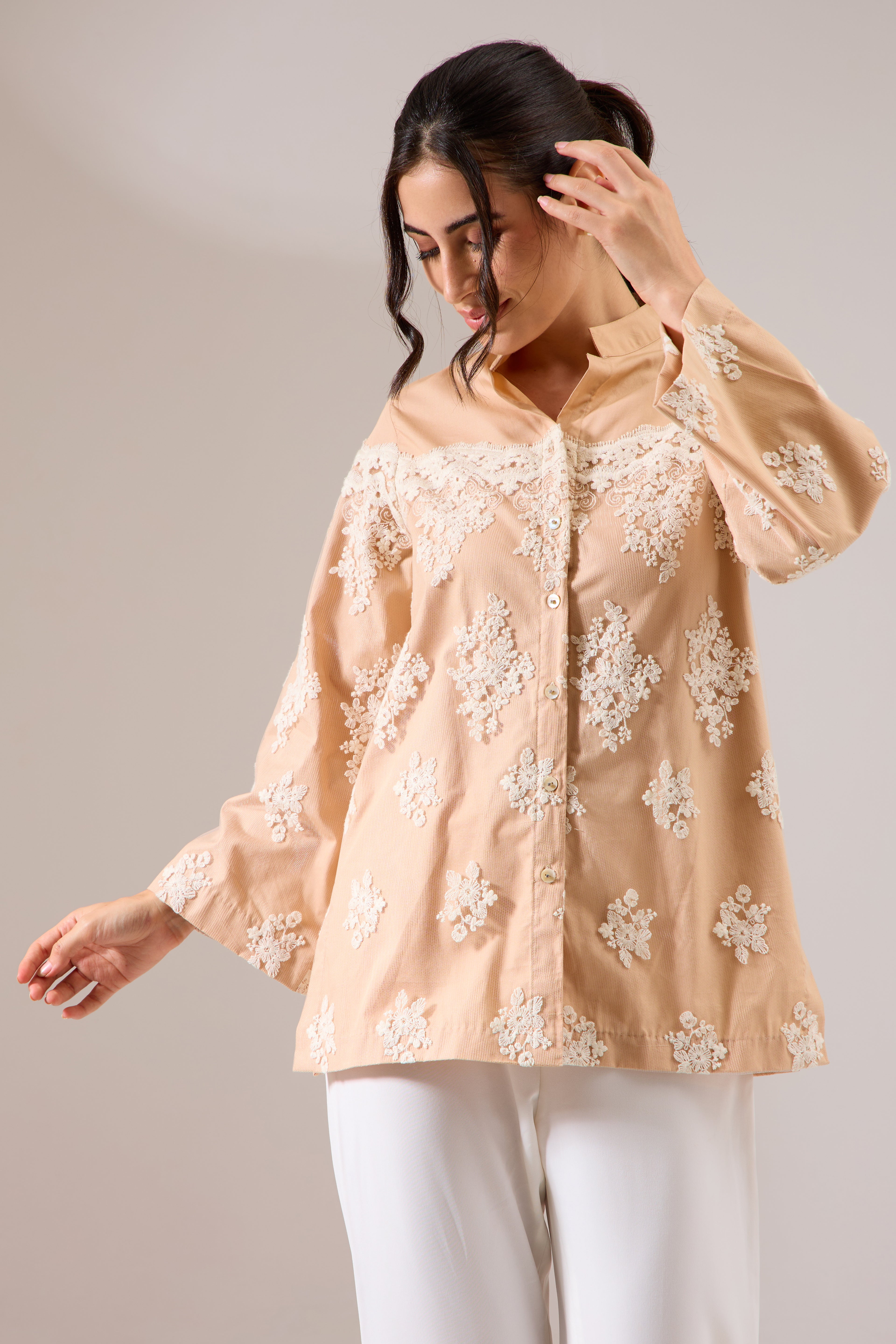 ORNATE beige lace poplin shirt — front view | Haus of Handmade