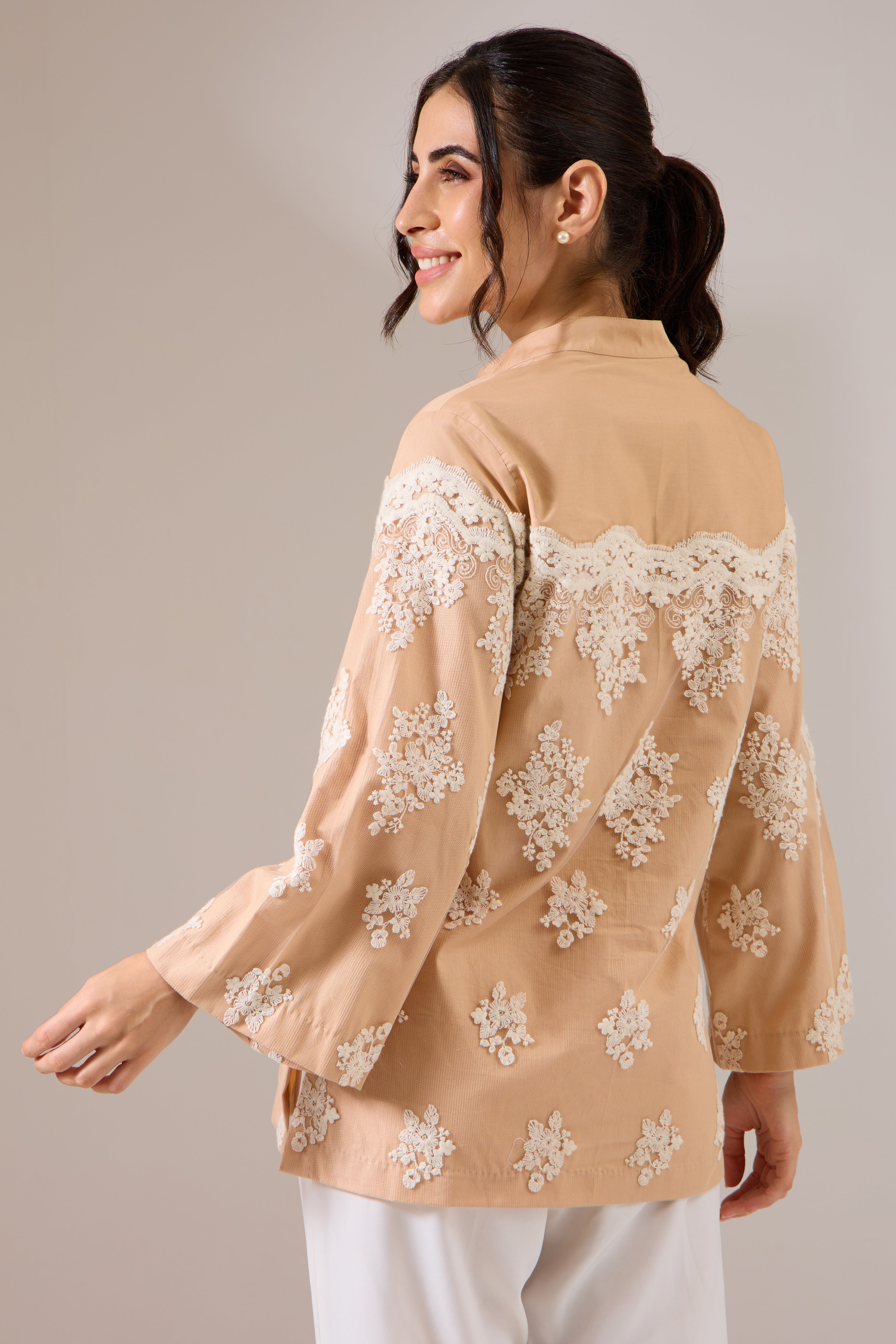 ORNATE beige lace poplin shirt — back view | Haus of Handmade