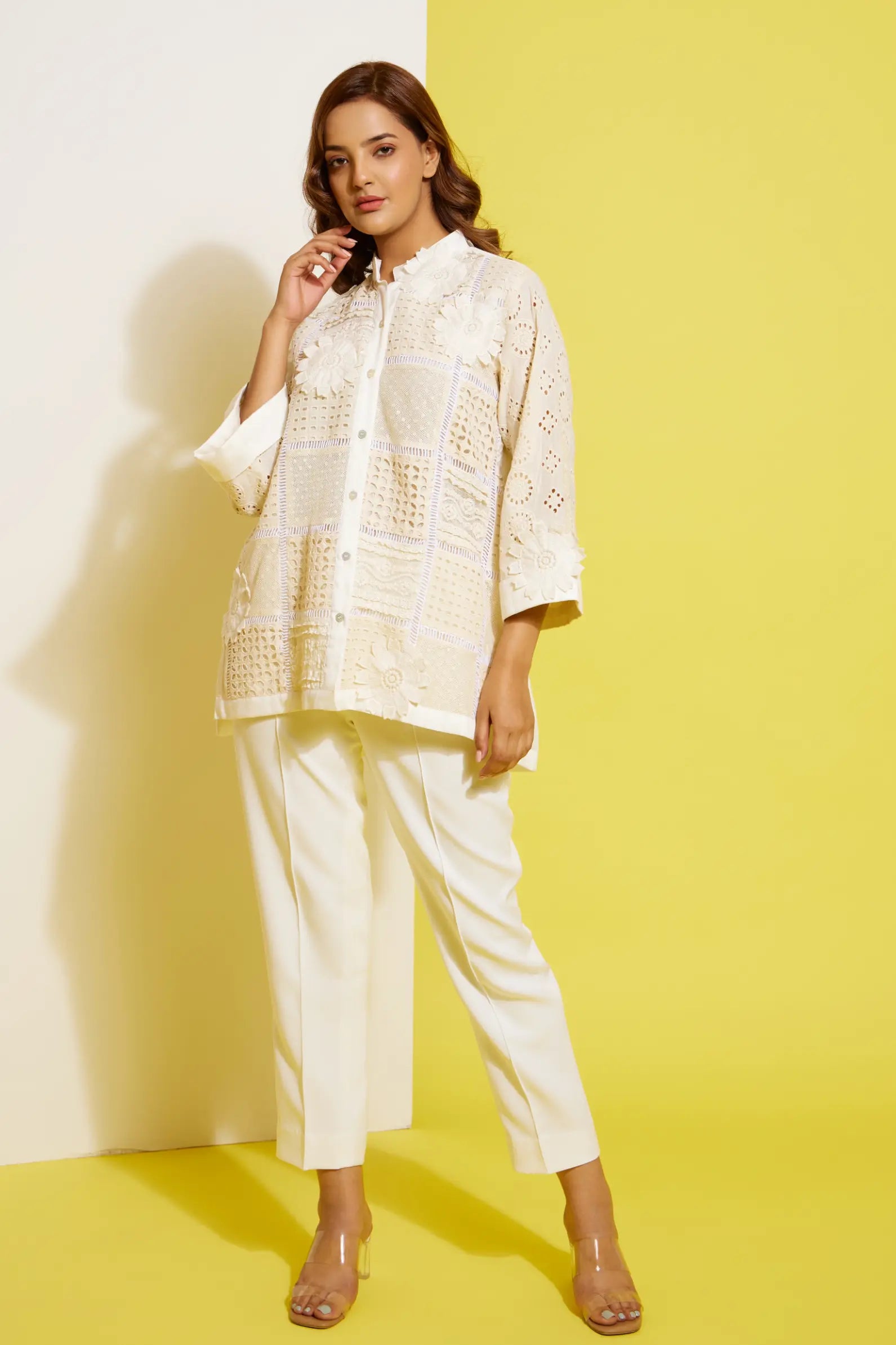 VANILLA cotton schiffli shirt — side view | Haus of Handmade