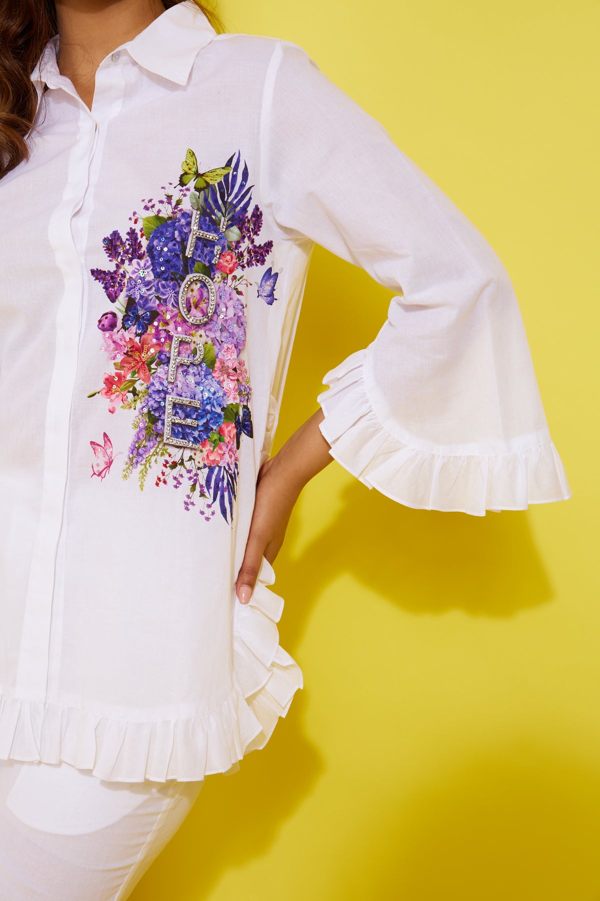 HOPE printed white cotton shirt — detail view | Haus of Handmade
