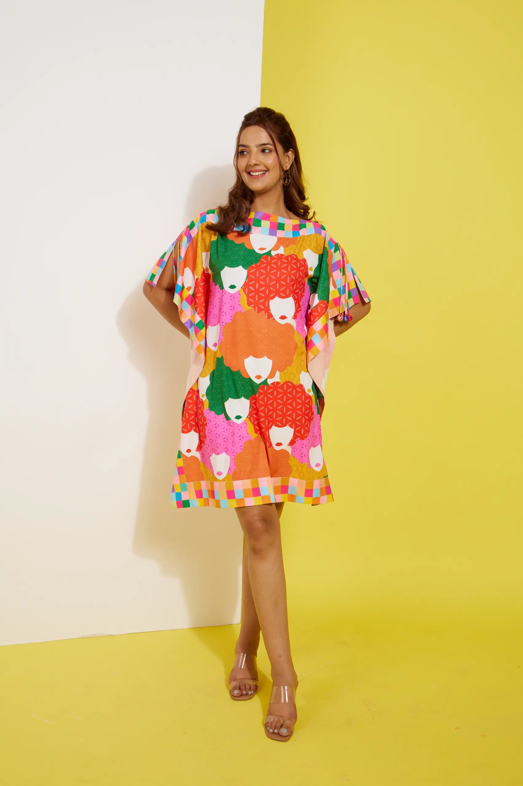 FUNKYFACE printed short kaftan dress — back view | Haus of Handmade