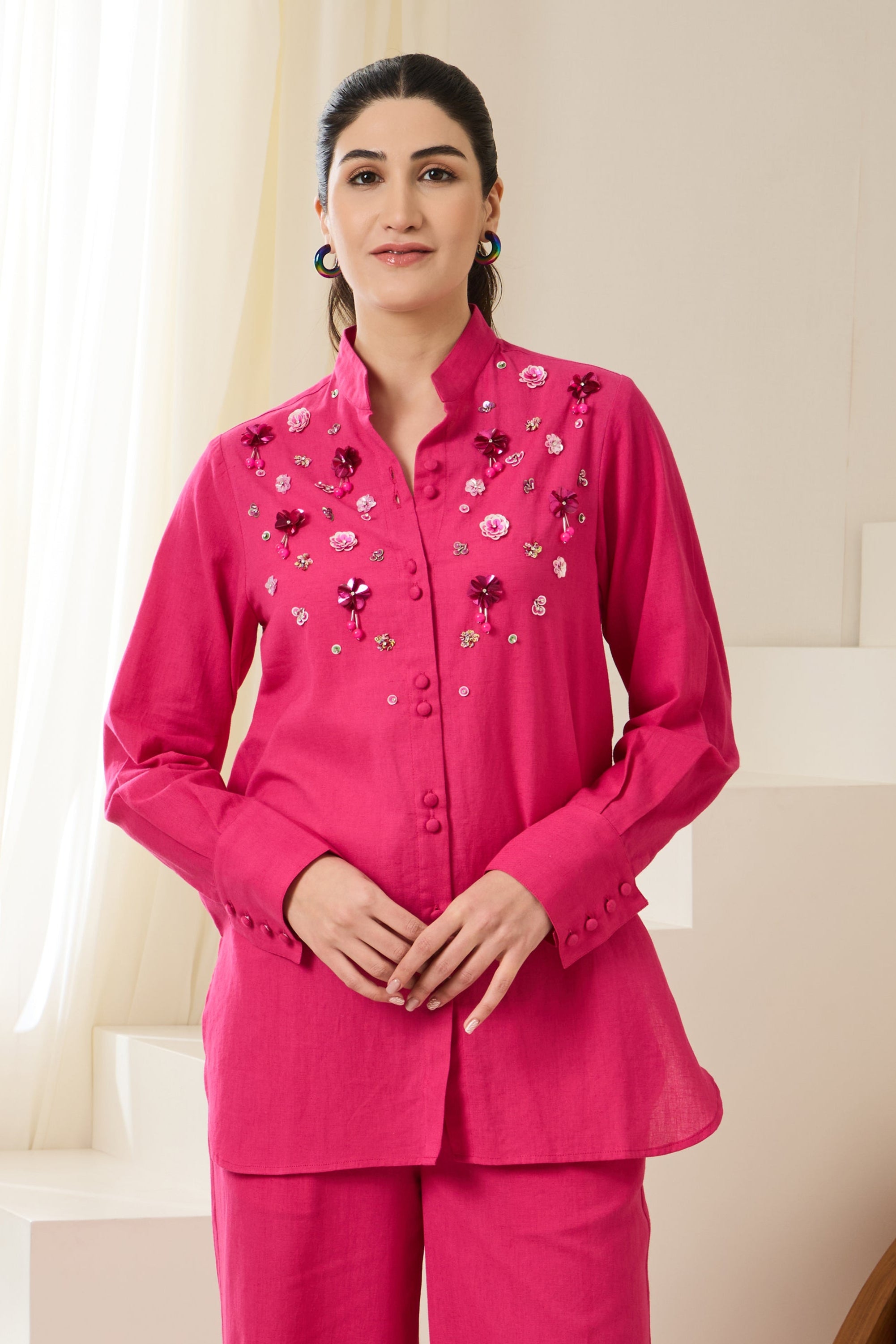 GULAARI Sequined Linen Shirt — front view | Haus of Handmade