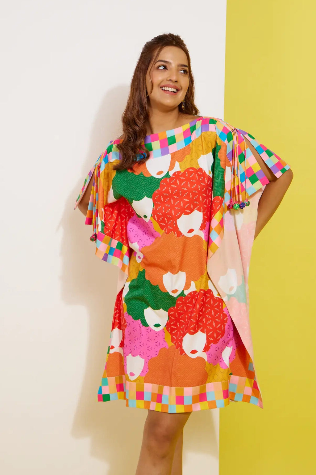 FUNKYFACE printed short kaftan dress — front view | Haus of Handmade