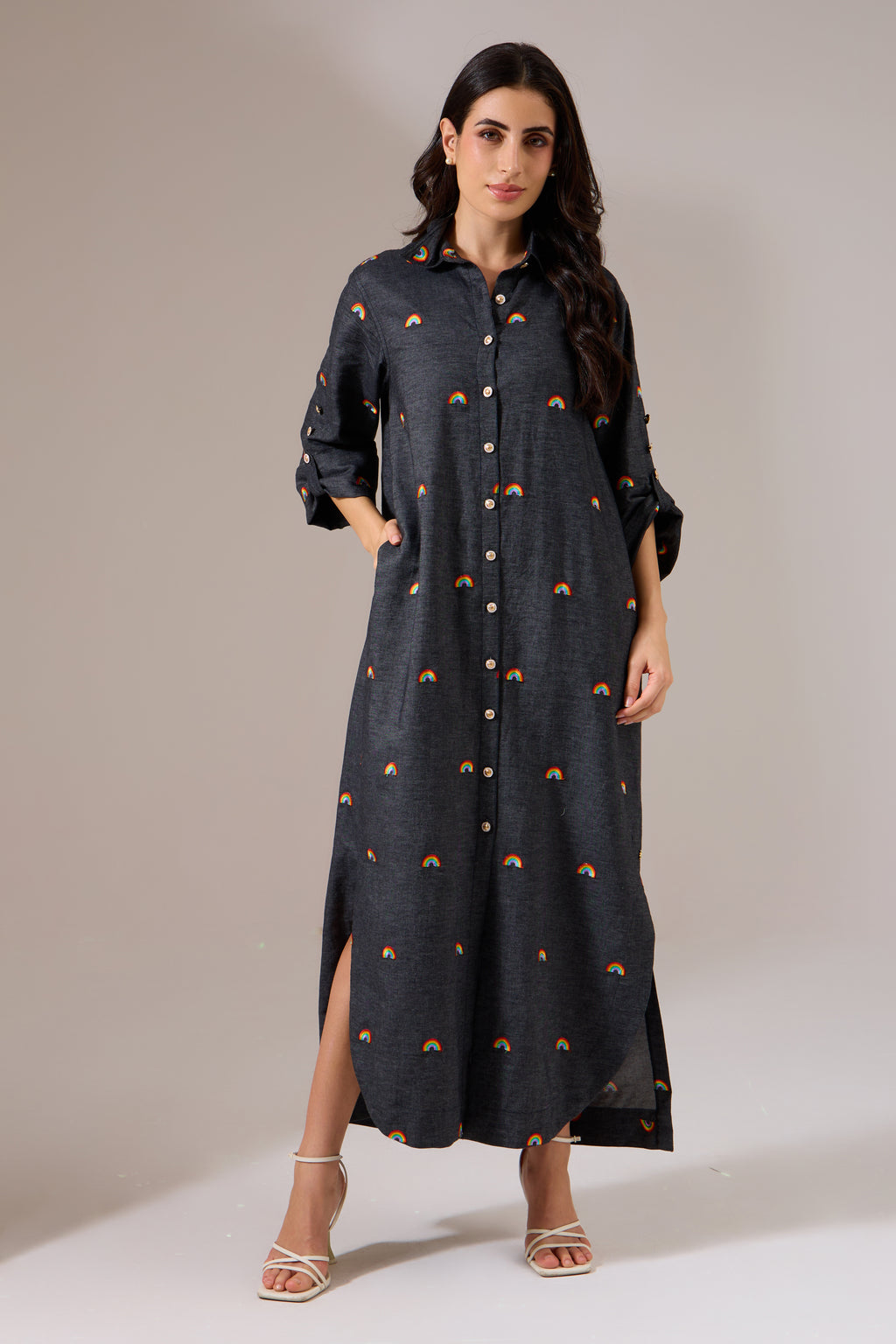 RAINBOW denim long dress — front view | Haus of Handmade