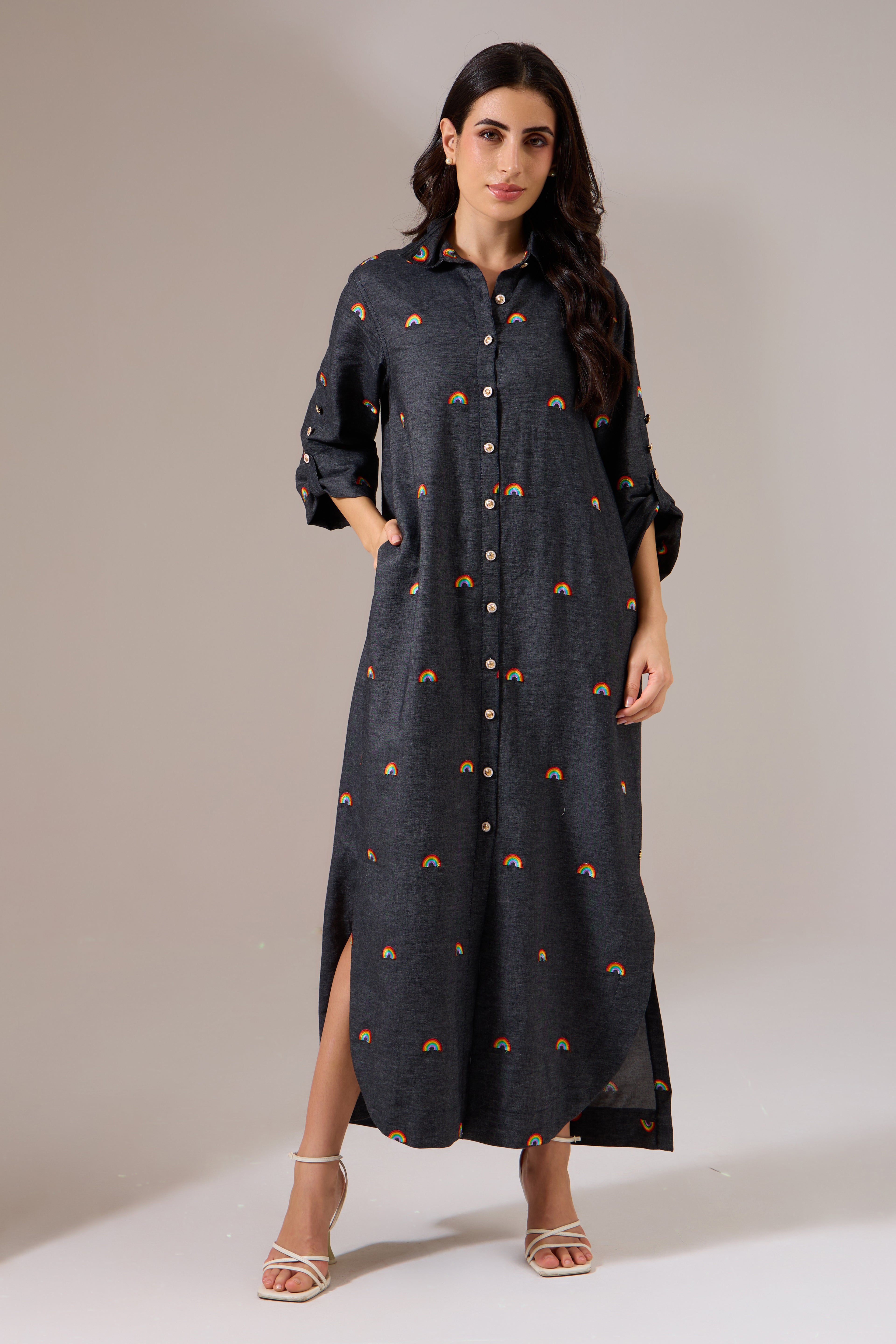 RAINBOW denim long dress — front view | Haus of Handmade