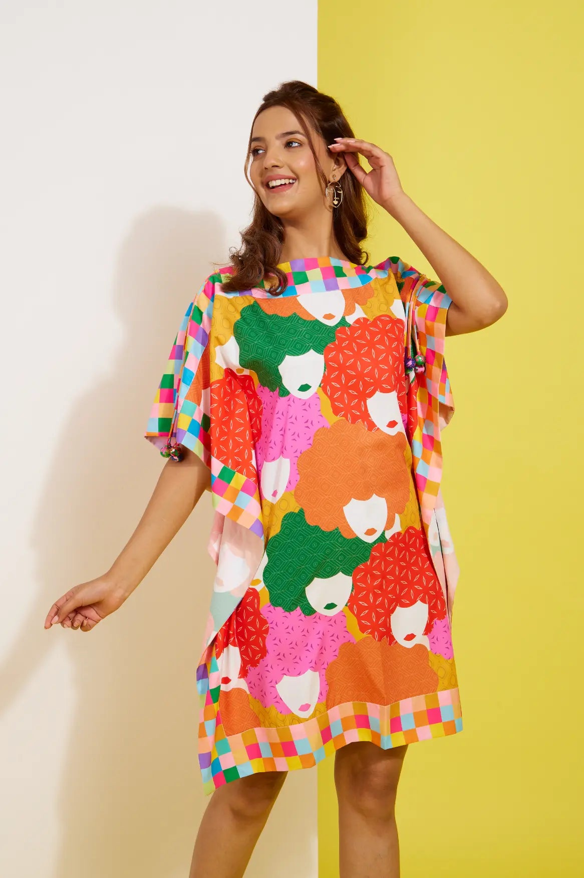FUNKYFACE printed short kaftan dress — side view | Haus of Handmade
