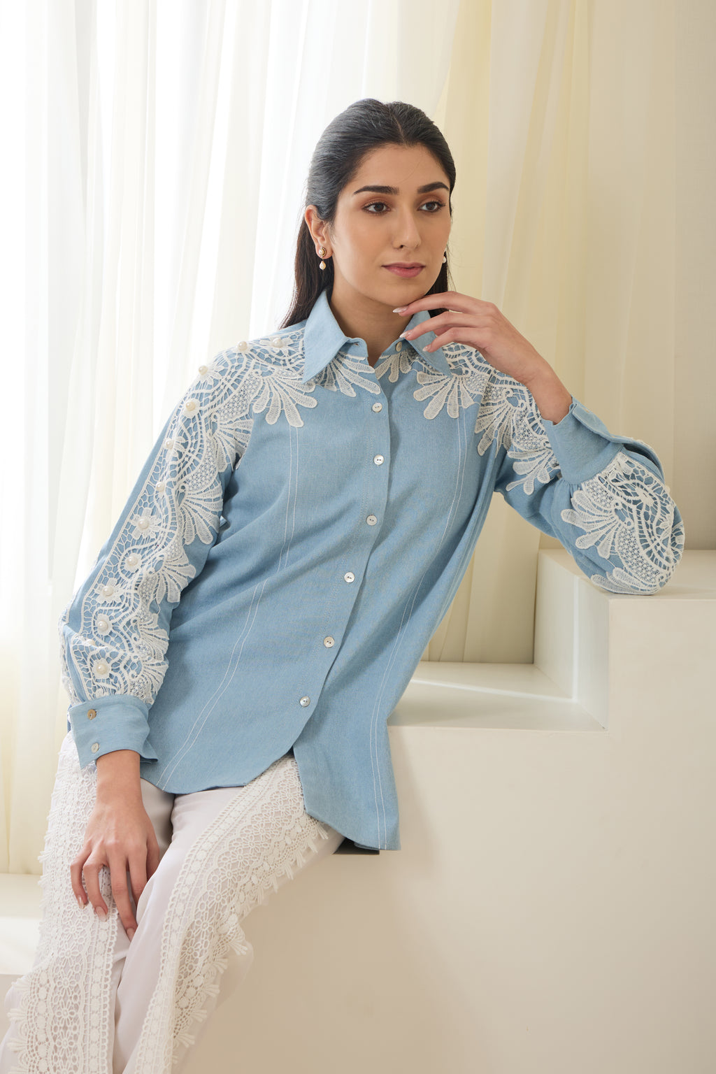 DREAM LACE Denim Shirt — front view | Haus of Handmade