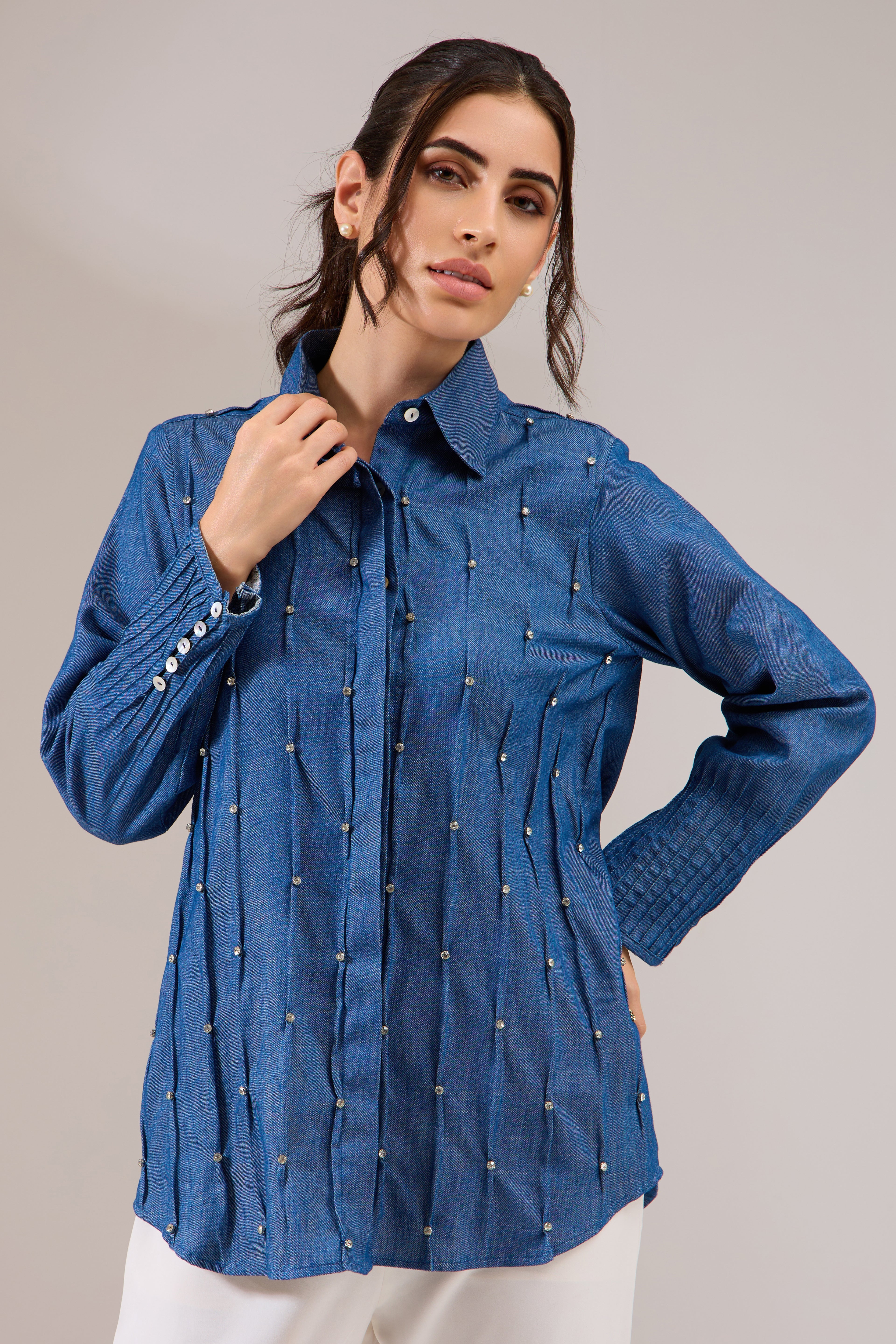 FIREFLY formal denim shirt — front view | Haus of Handmade