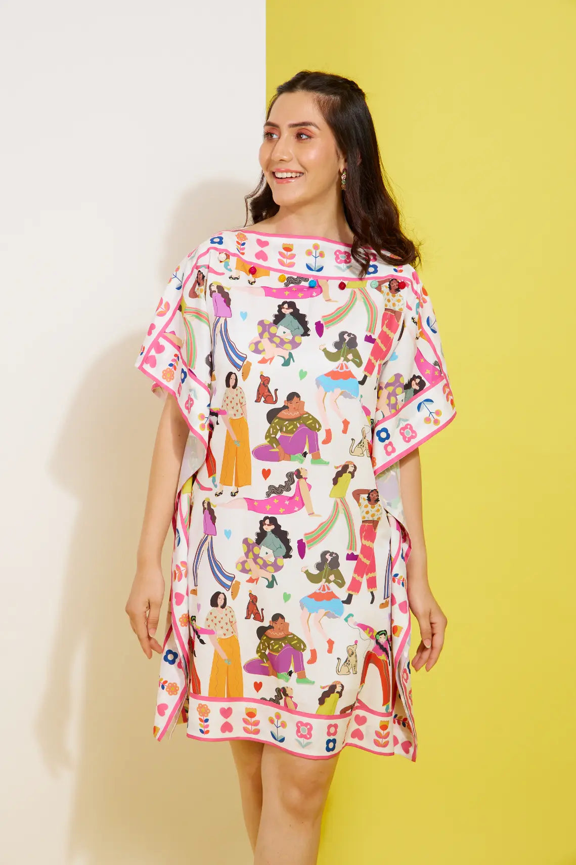 SOCIAL DRAMA printed short kaftan dress — side view | Haus of Handmade