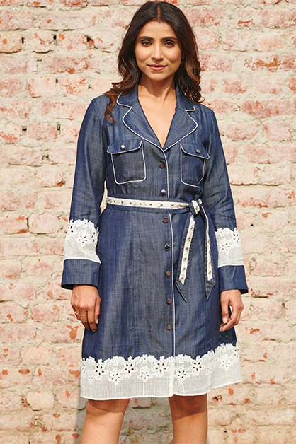 Lady formal denim dress — front view | Haus of Handmade