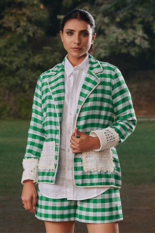 Gingham co-ord set in cotton checks pink — styled view | Haus of Handmade