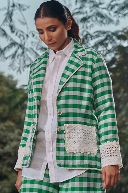 Green Gingham Jacket in cotton checks — front view | Haus of Handmade