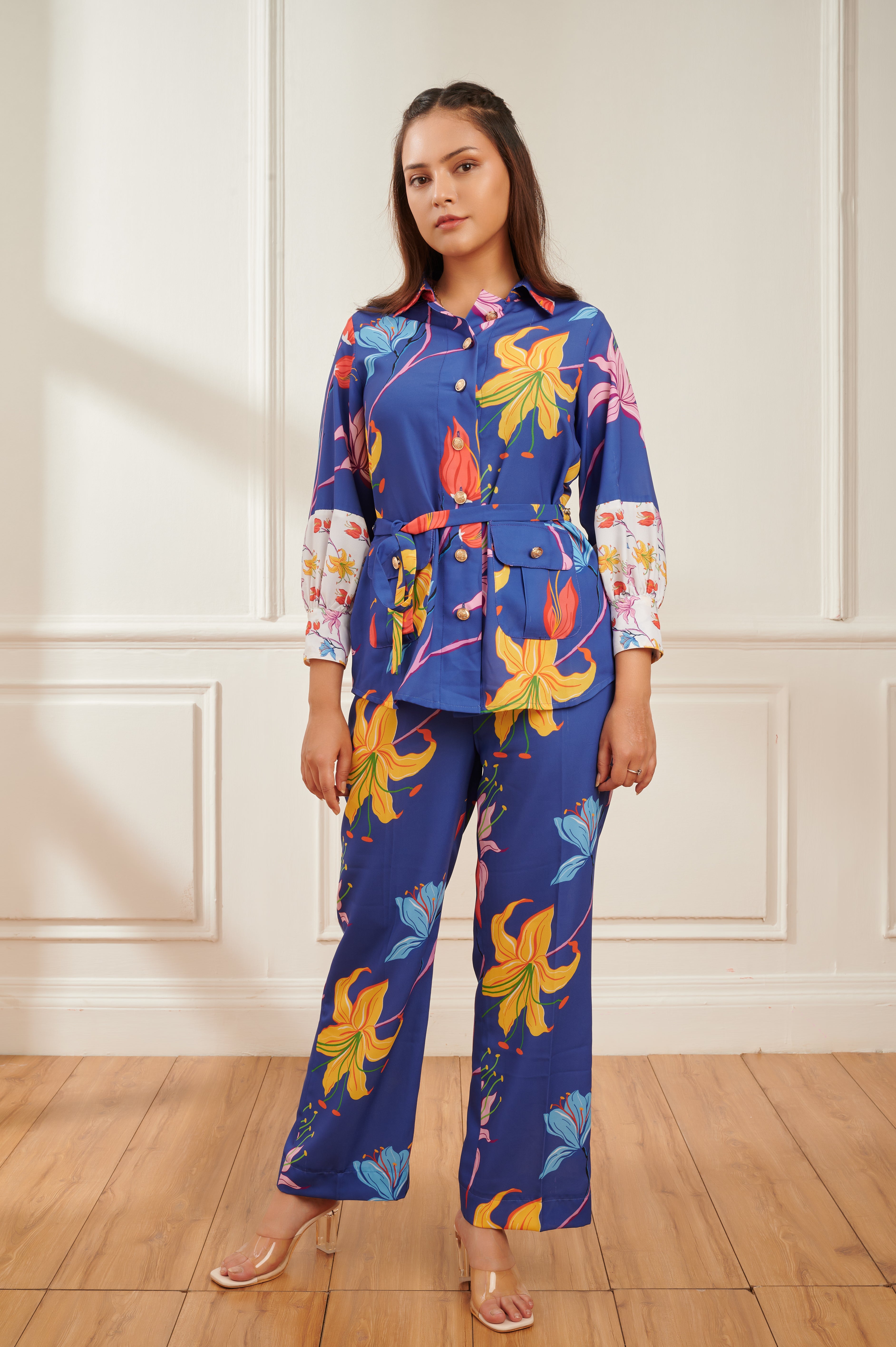Hibiscus formal printed co-ord set for women - Haus of Handmade handcrafted clothing India