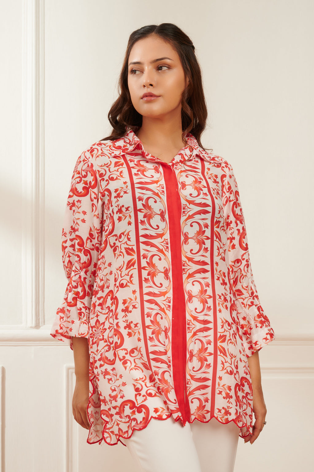 Crimson printed formal shirt for women - Haus of Handmade handcrafted clothing India