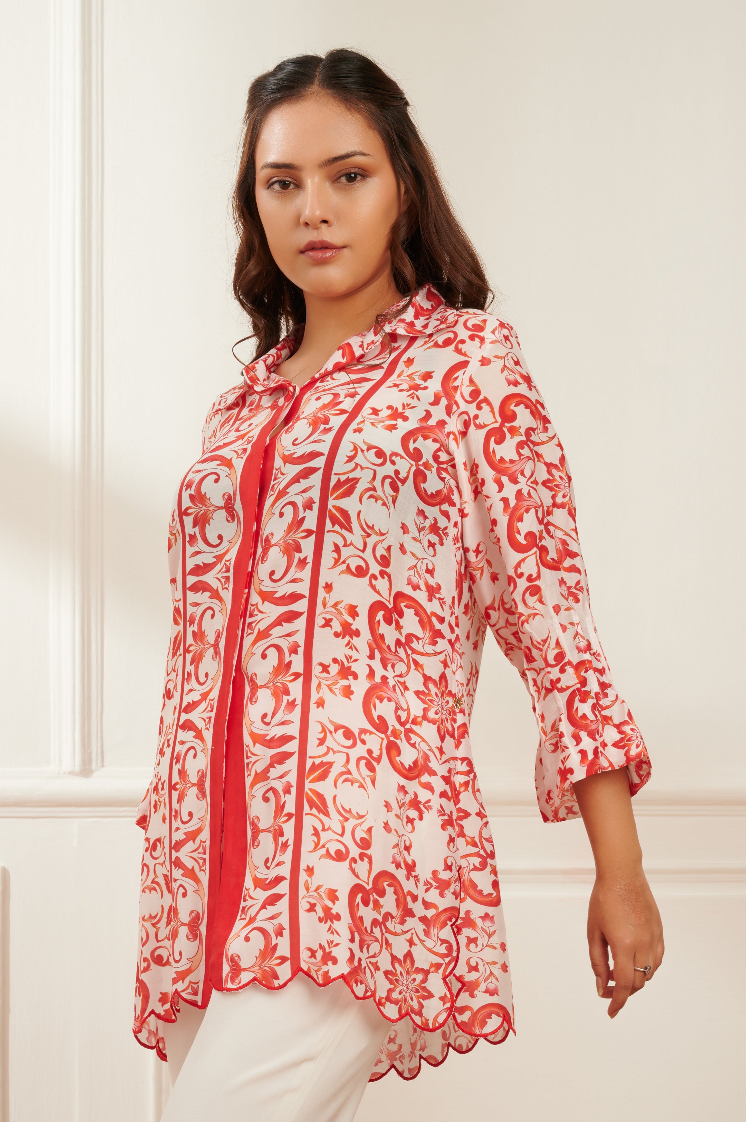 Crimson printed formal shirt for women - Haus of Handmade handcrafted clothing India