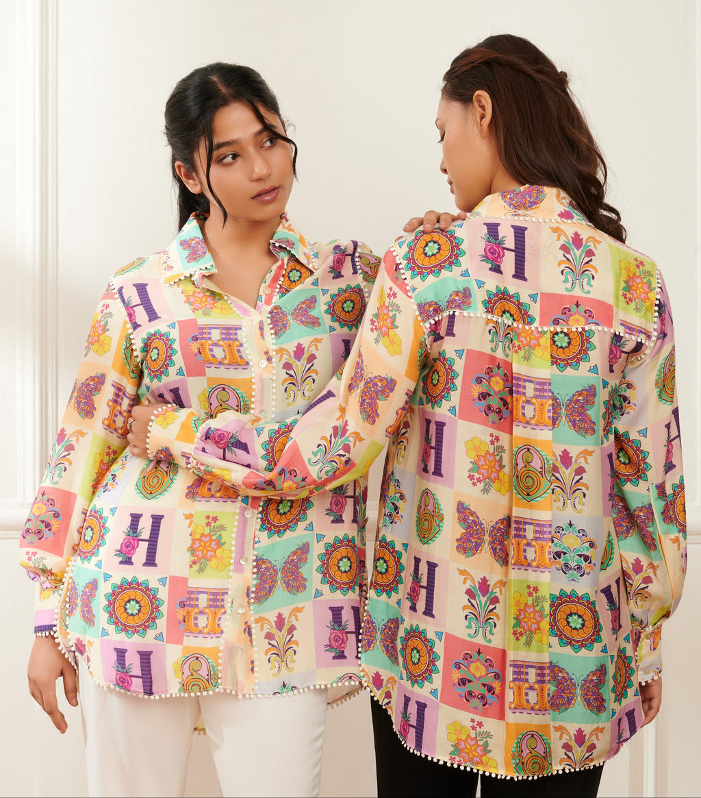 Insignia printed formal shirt for women - Haus of Handmade handcrafted clothing India