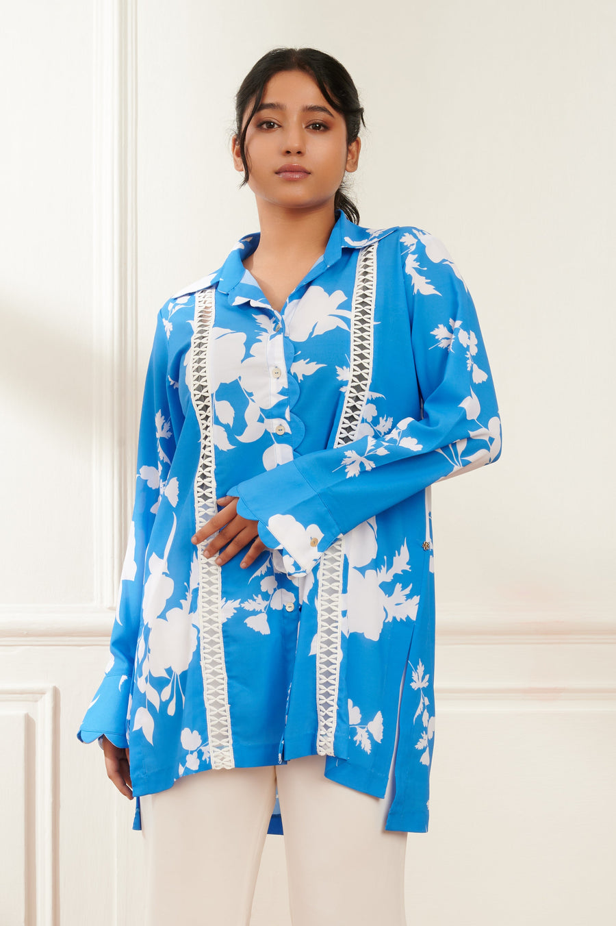Azure printed formal shirt for women — front view, blue-toned printed cotton shirt — Haus of Handmade
